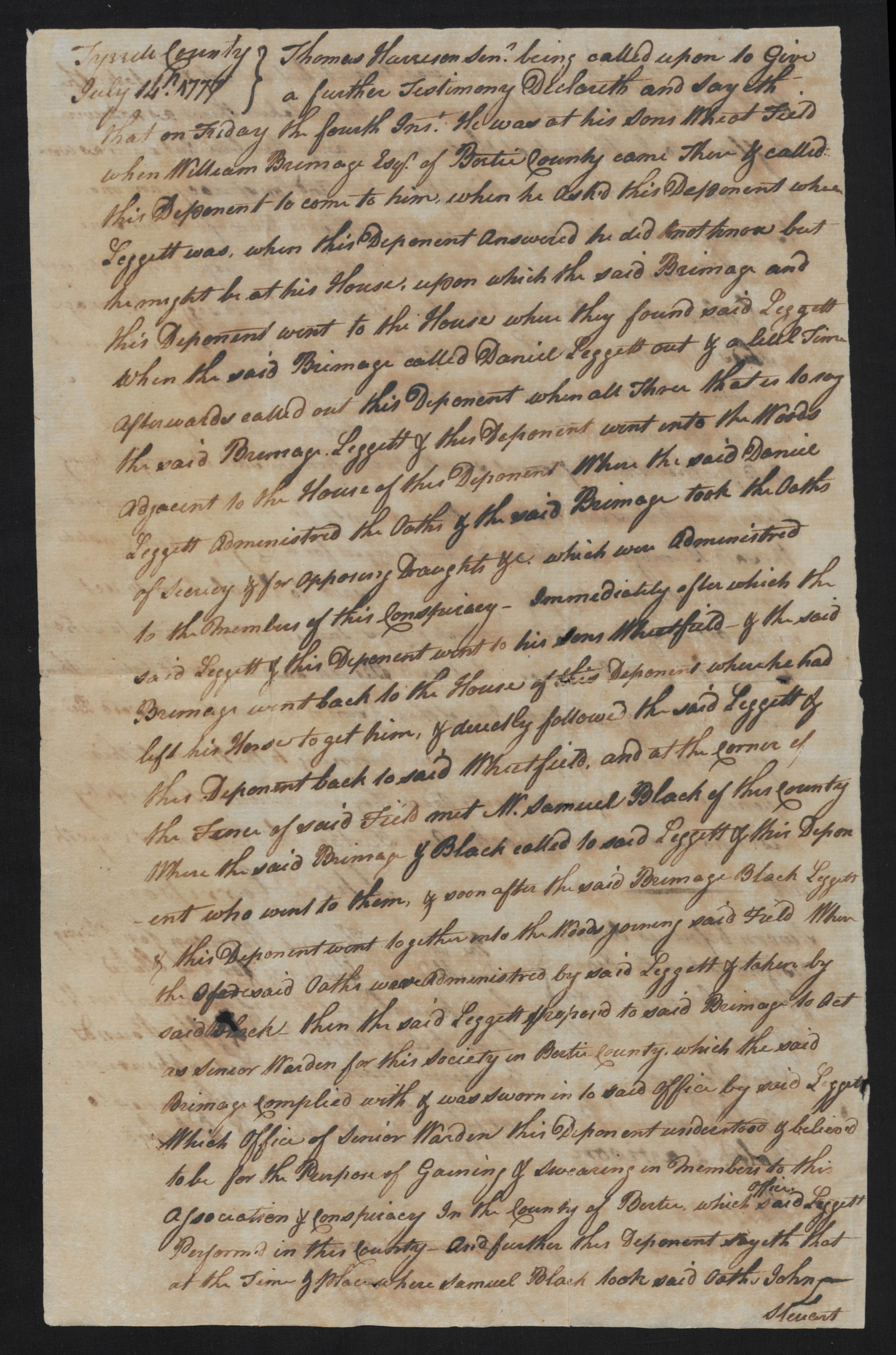 Deposition of Thomas Harrison Sr., 14 July 1777, page 1