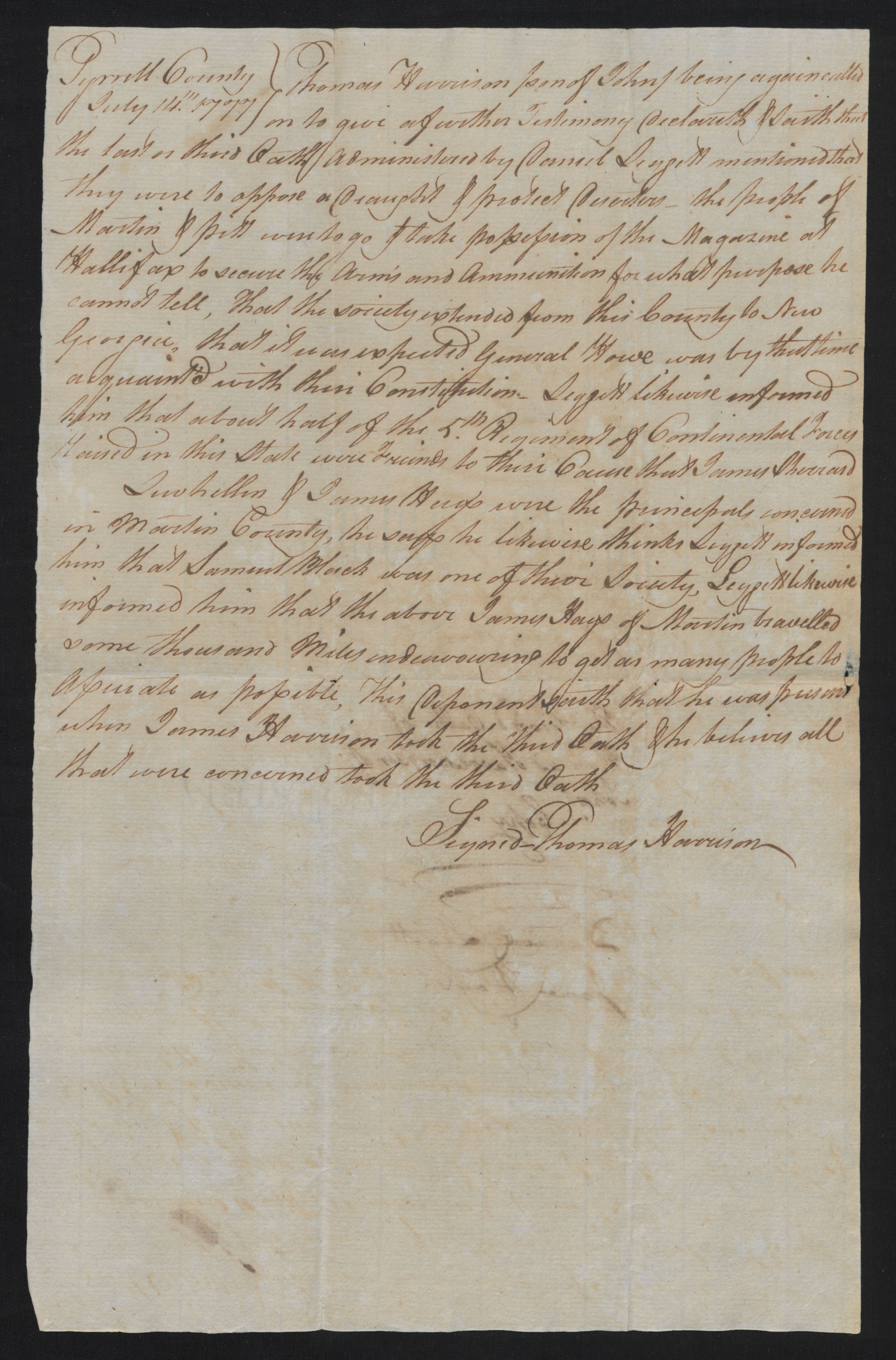 Deposition of Thomas Harrison Jr., 14 July 1777