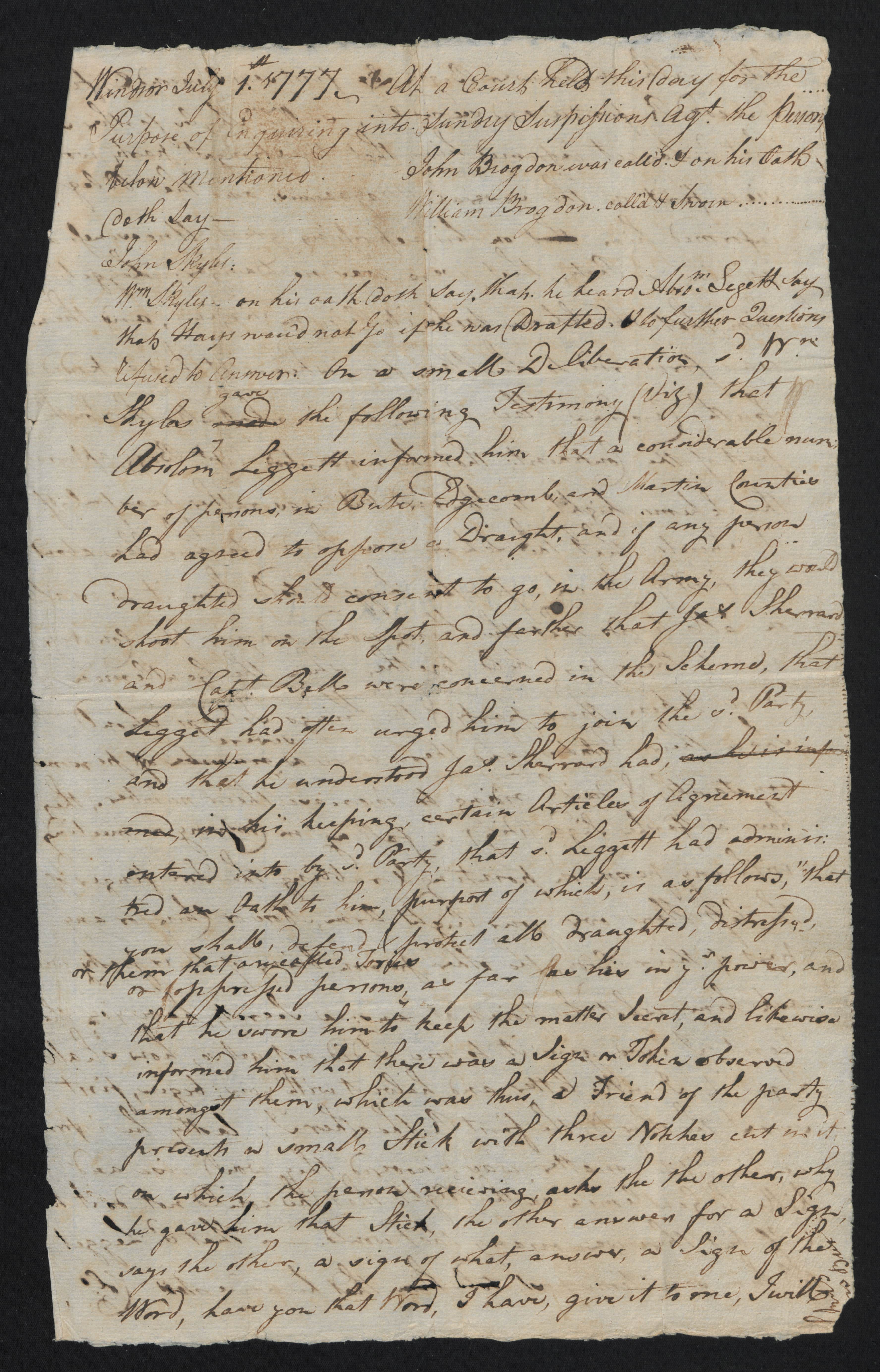 Deposition of John Brogdon, William Brogdon, and William Skyles, 1 July 1777, page 1