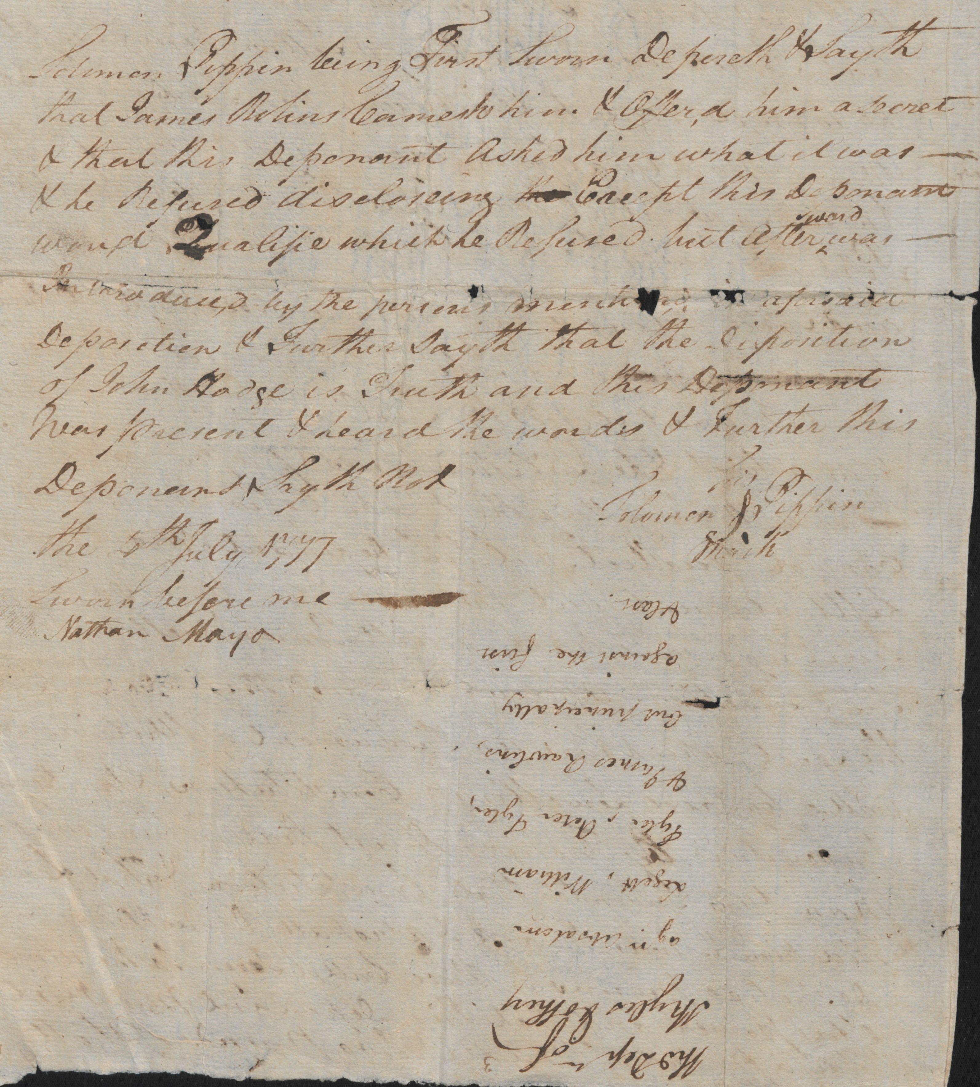 Deposition of Solomon Pippin, 4 July 1777