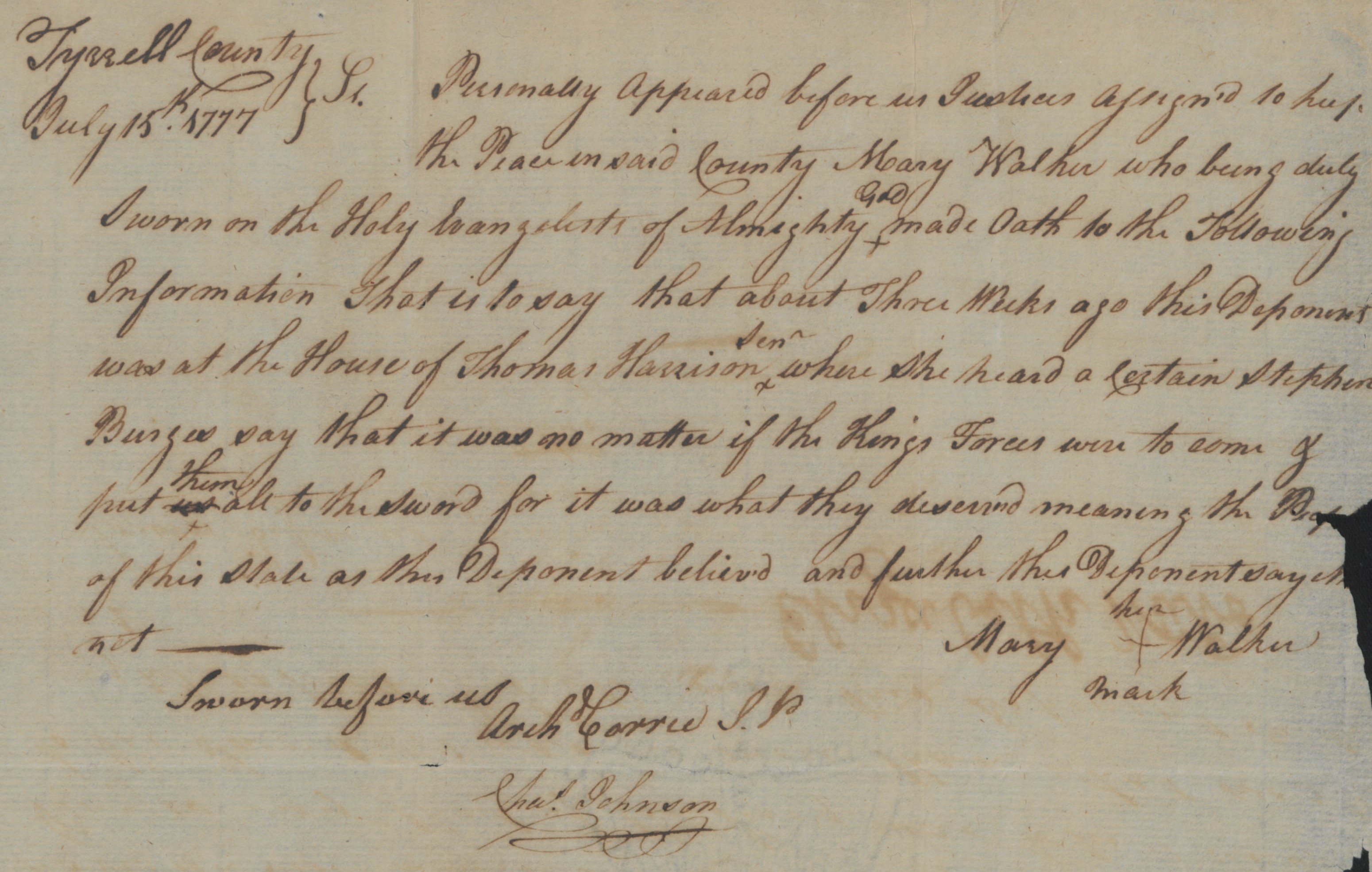 Deposition of Mary Walker, 15 July 1777, page 1