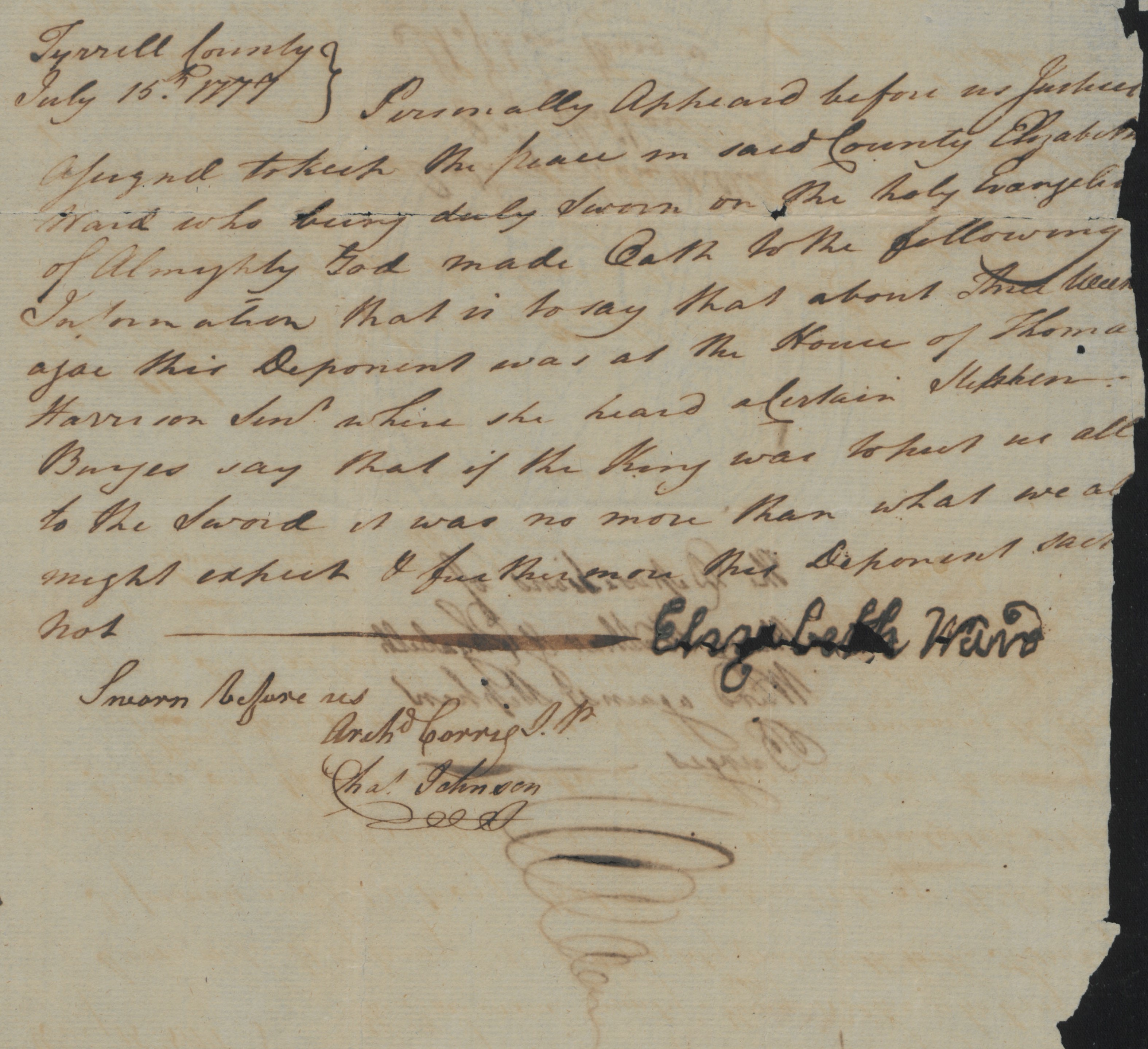 Deposition of Elizabeth Ward, 15 July 1777, page 1