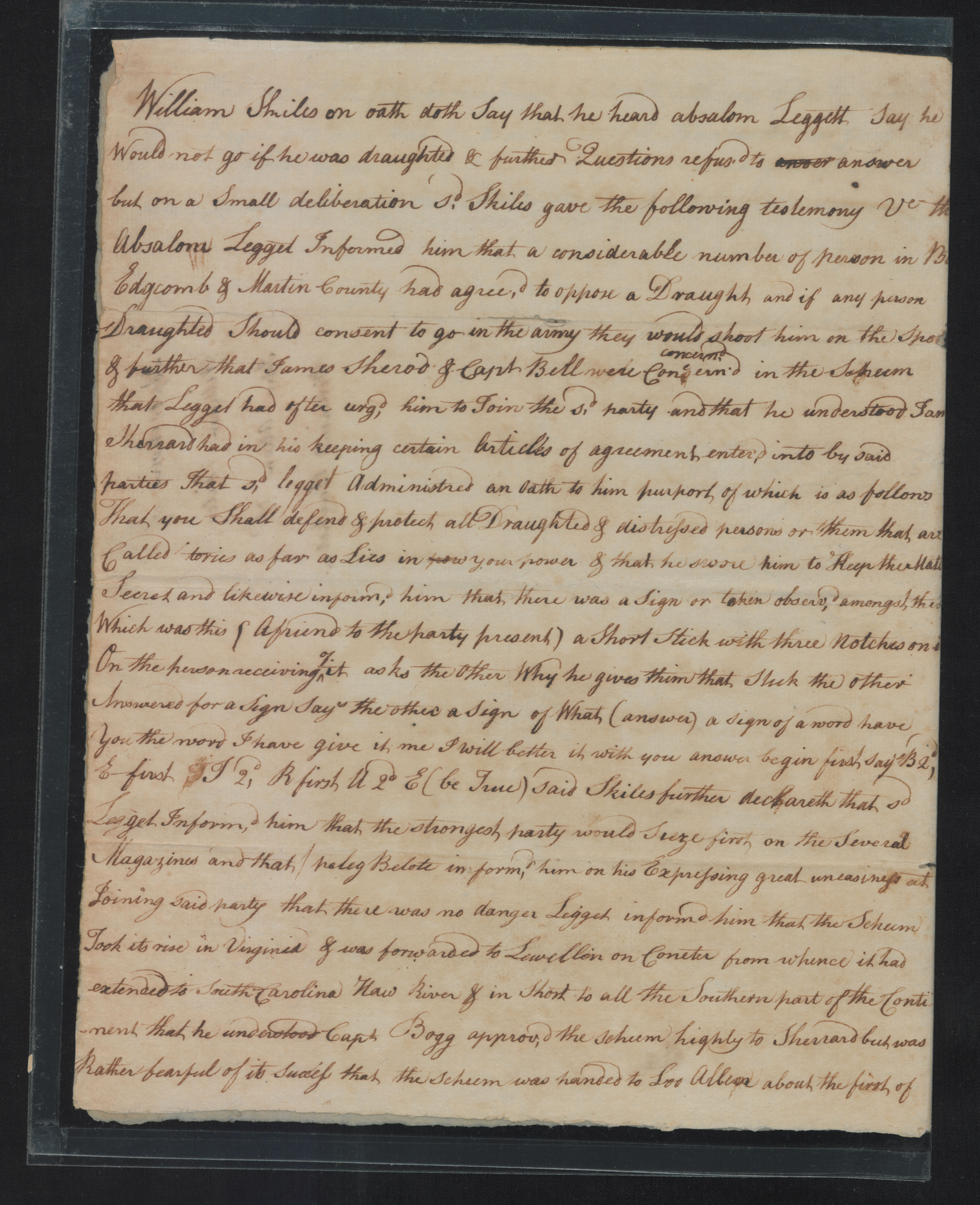 Deposition of William Skyles, circa 1 July 1777, page 1