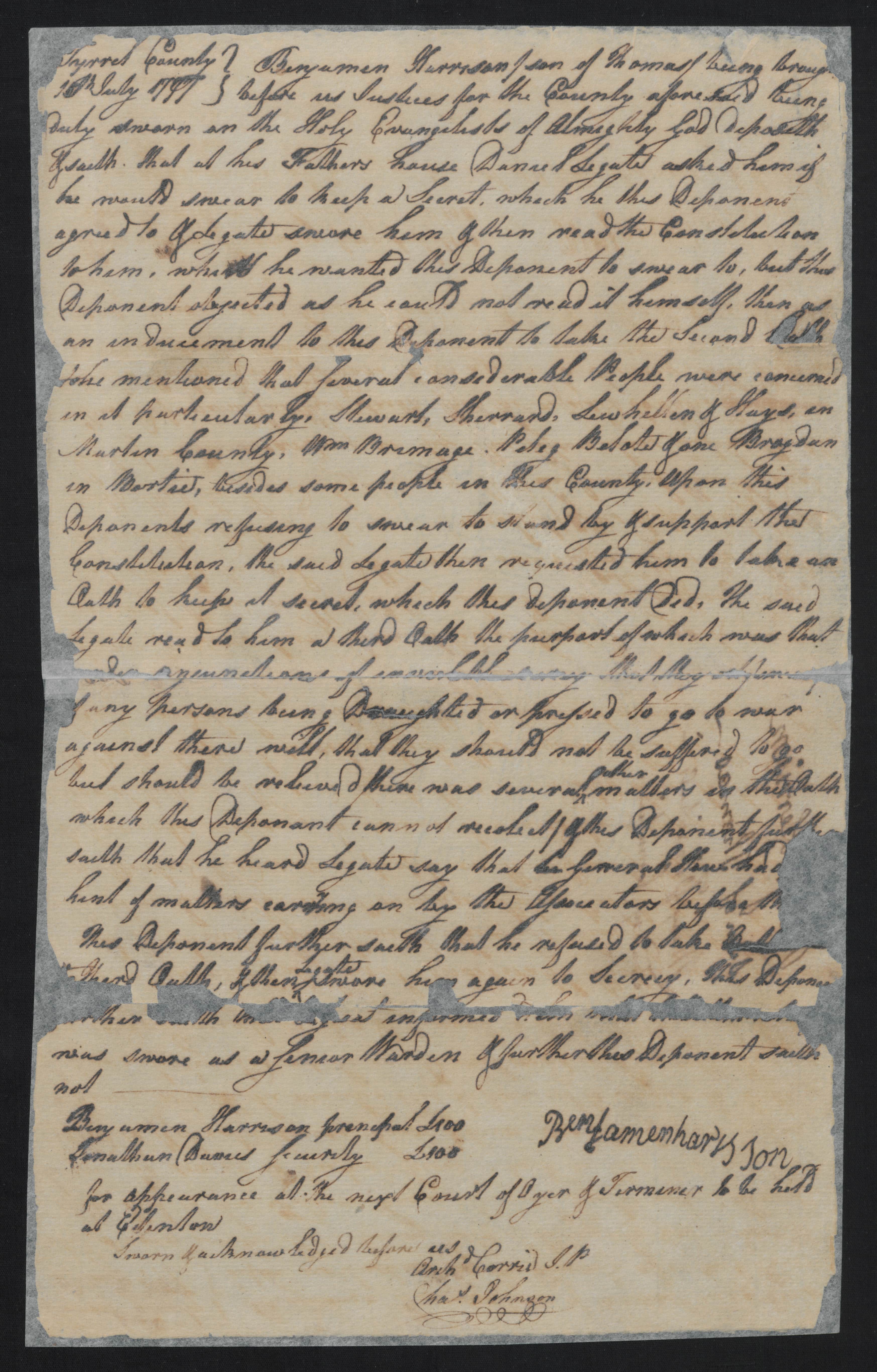 Deposition of Benjamin Harrison, 16 July 1777, page 1
