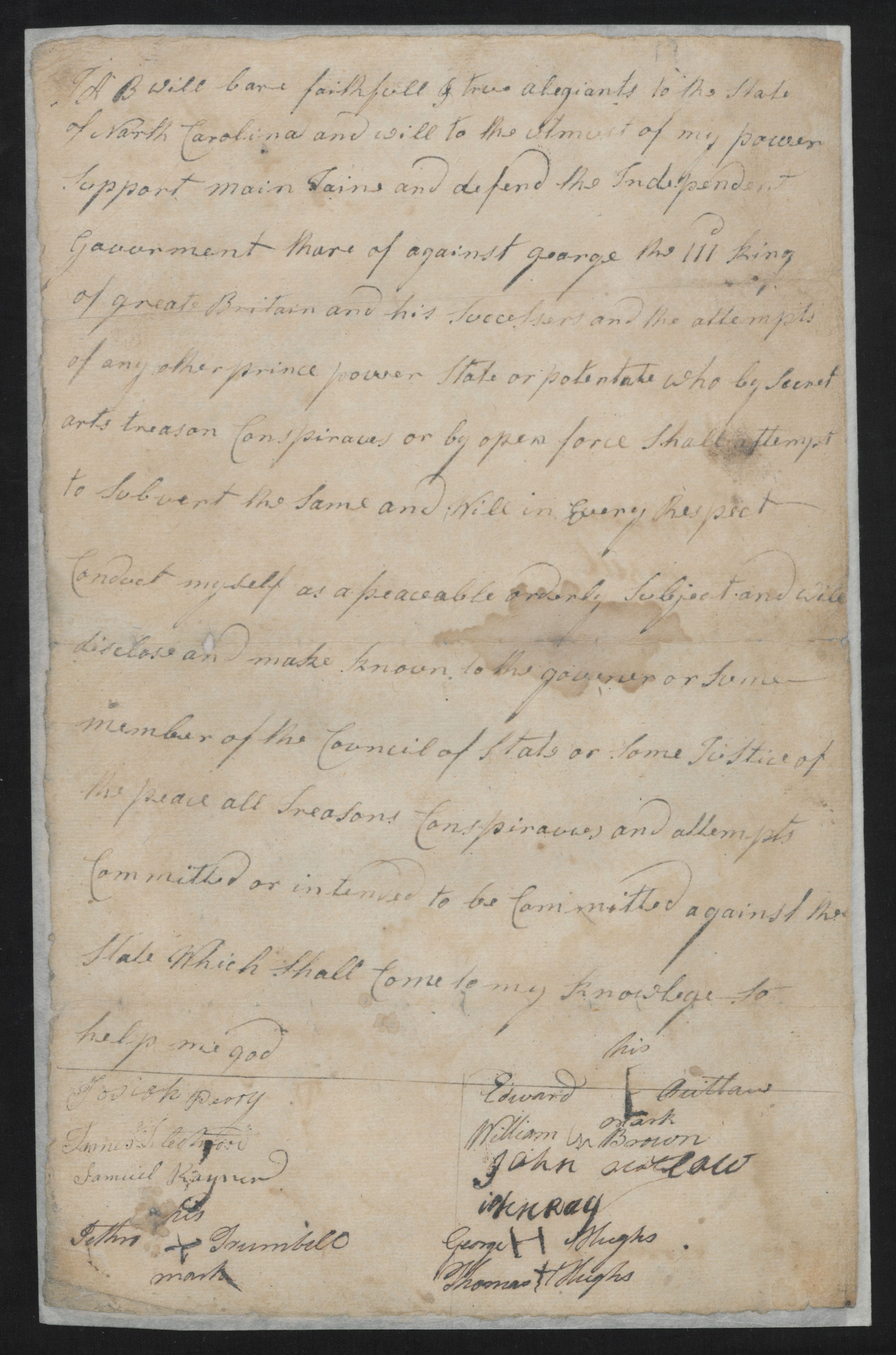 List of People Swearing the Oath of Allegiance to the State of North Carolina in Bertie County, circa 1778, page 1