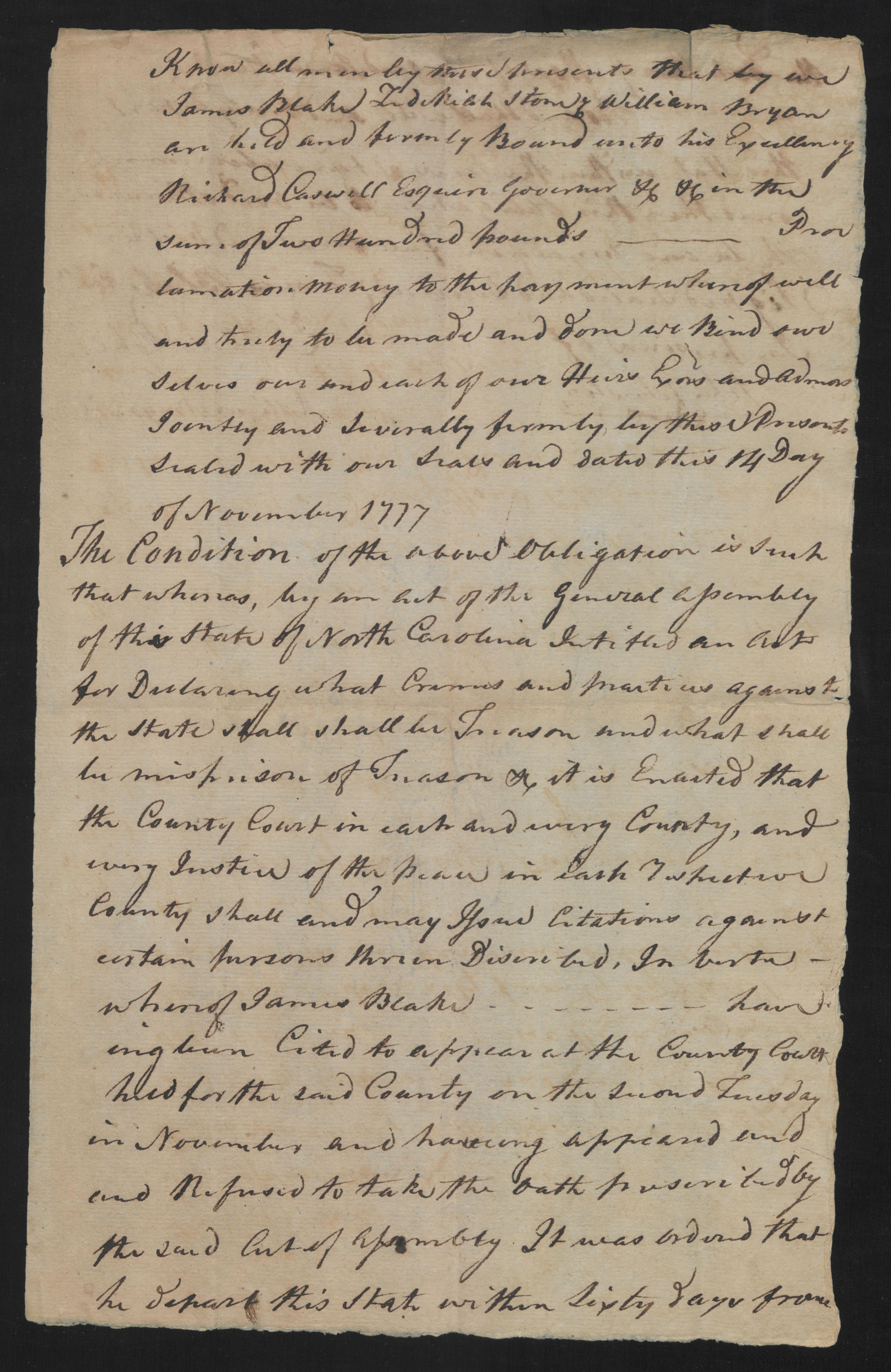Bond from the Bertie County Court for James Blake, 14 November 1777, page 1