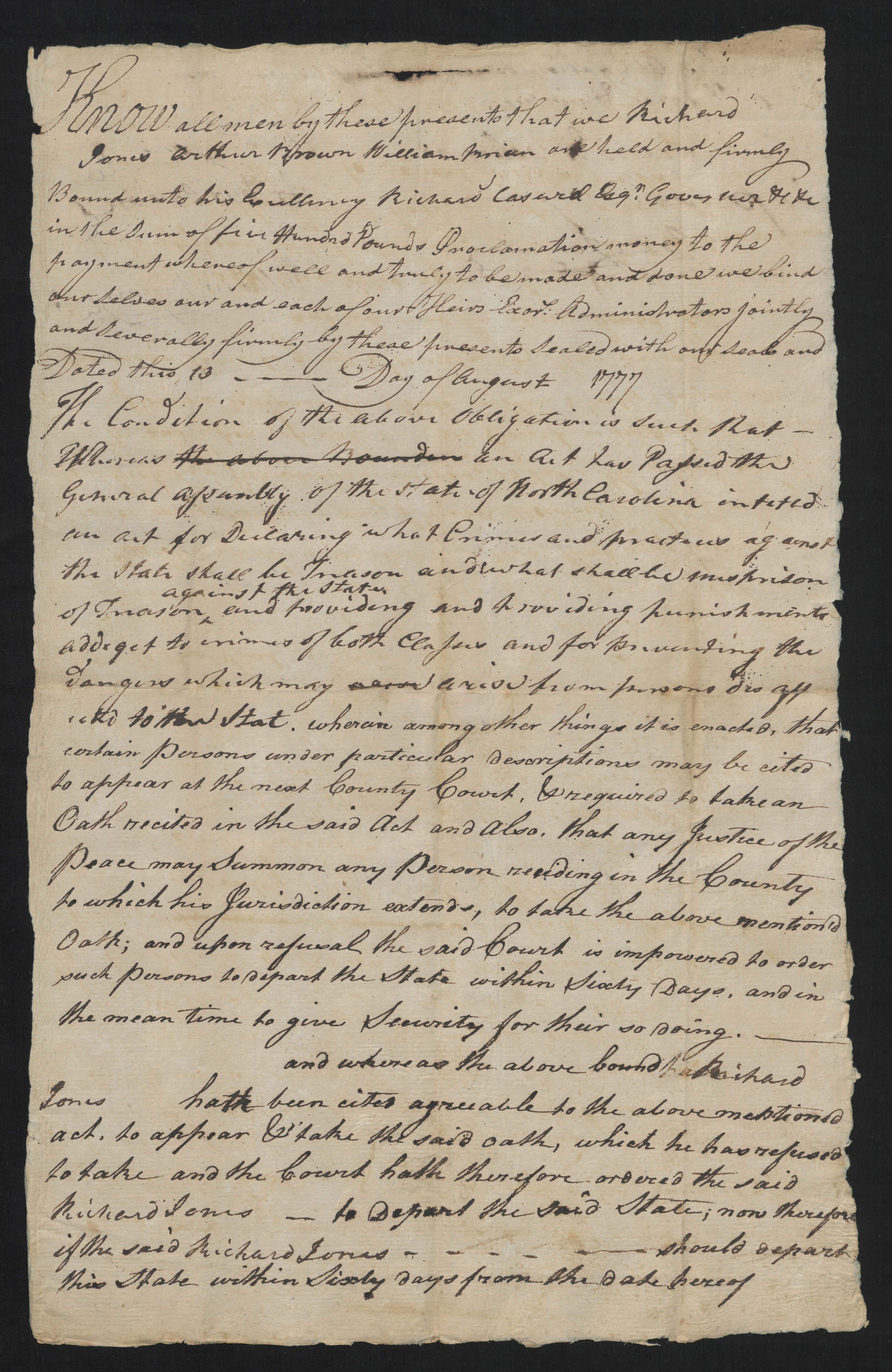 Bond from the Bertie County Court for Richard Jones to leave North Carolina, 13 August 1777, page 1