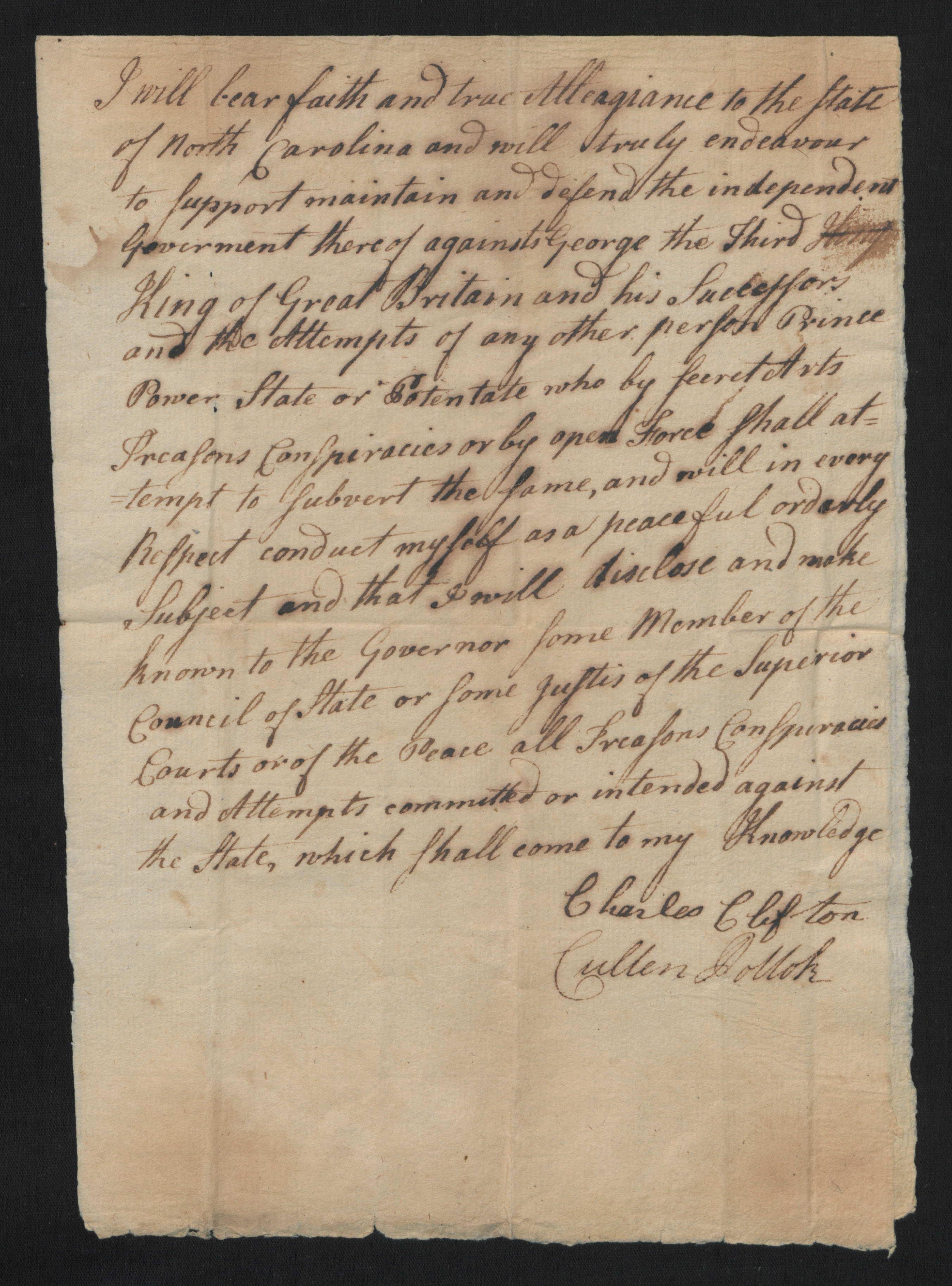Oath of Allegiance to the State of North Carolina from Charles Clifton and Cullen Pollok, circa 1778, page 1