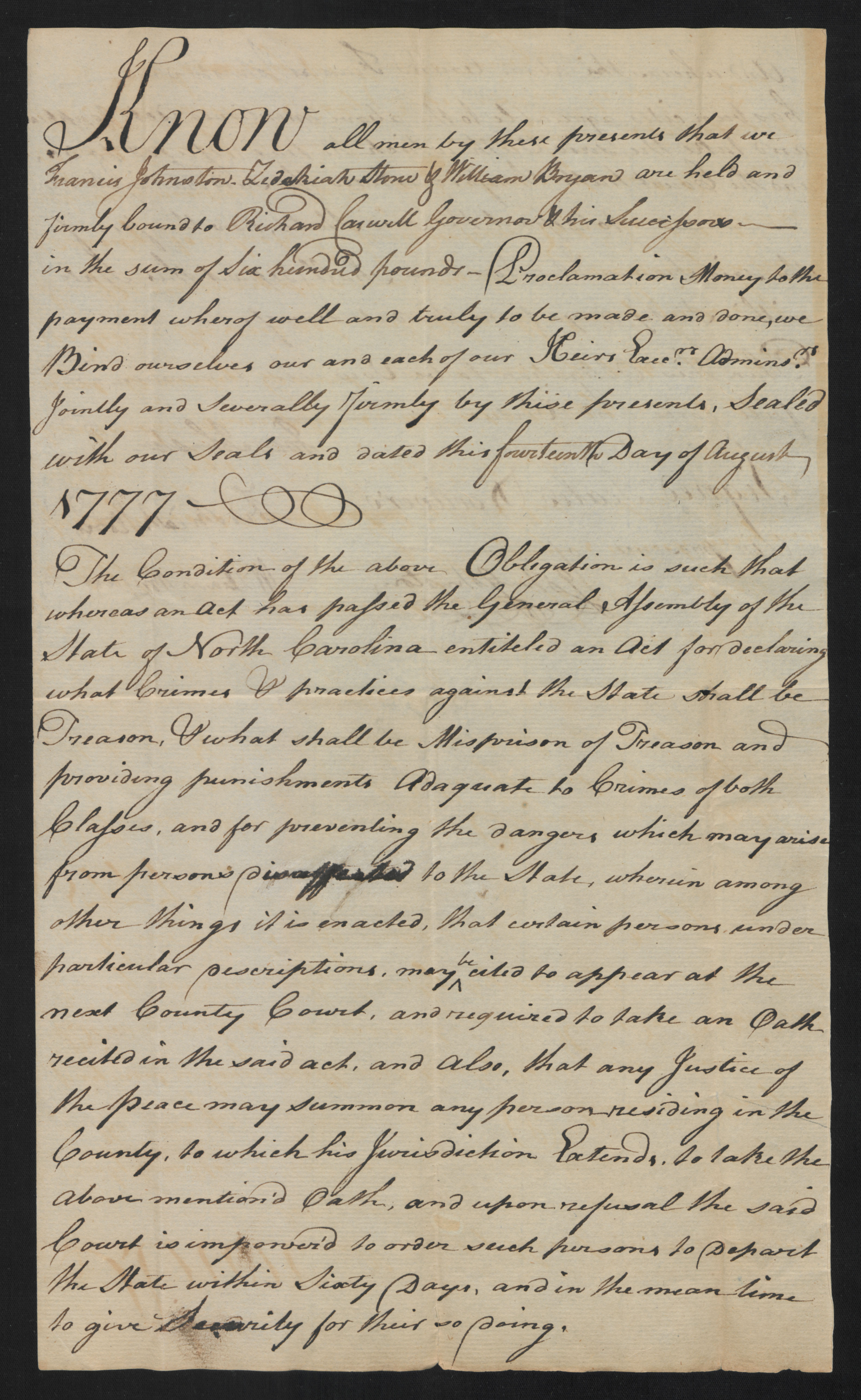 Bond from the Bertie County Court for Francis Johnston to leave North Carolina, 14 August 1777, page 1