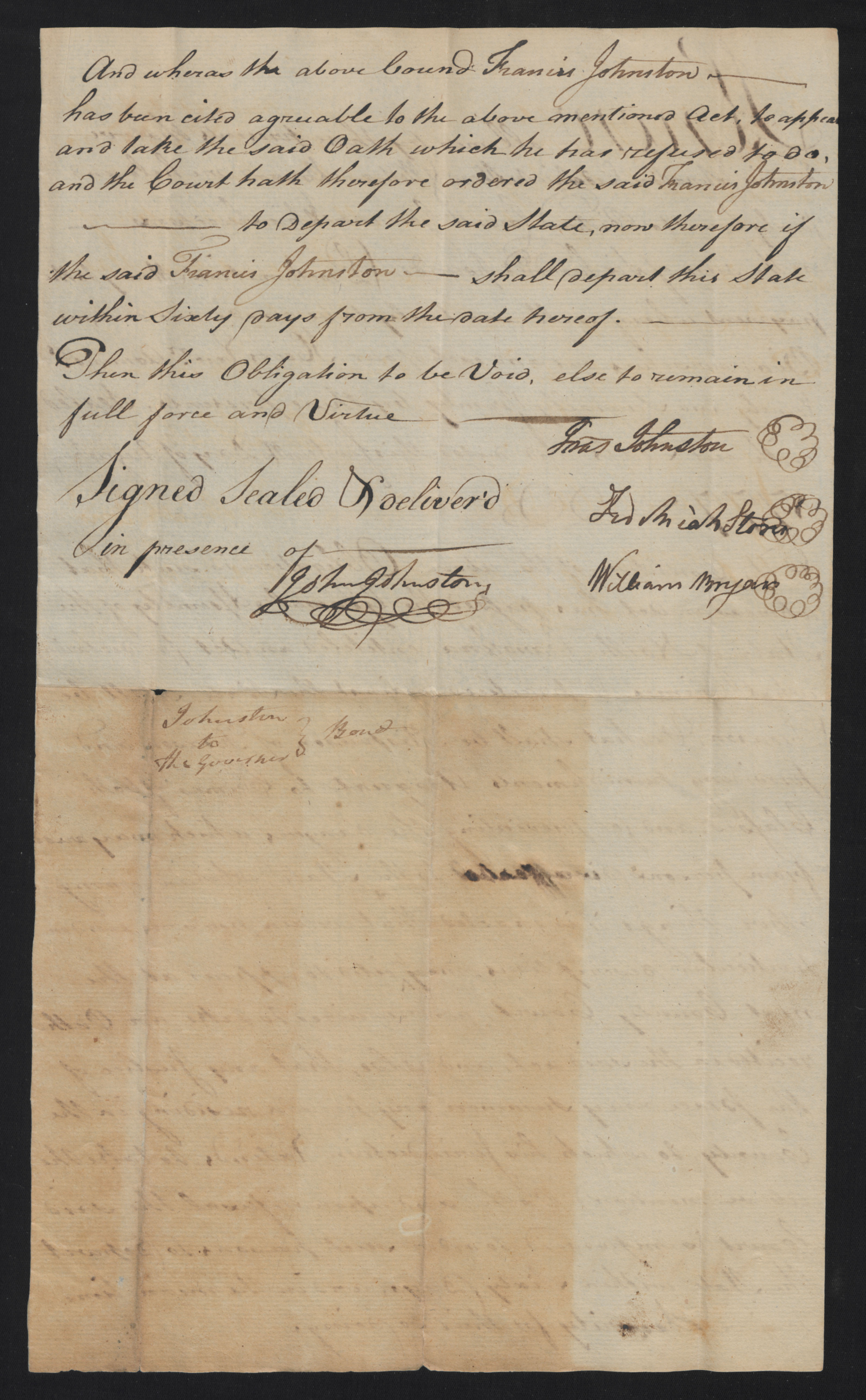 Bond from the Bertie County Court for Francis Johnston to leave North Carolina, 14 August 1777, page 2