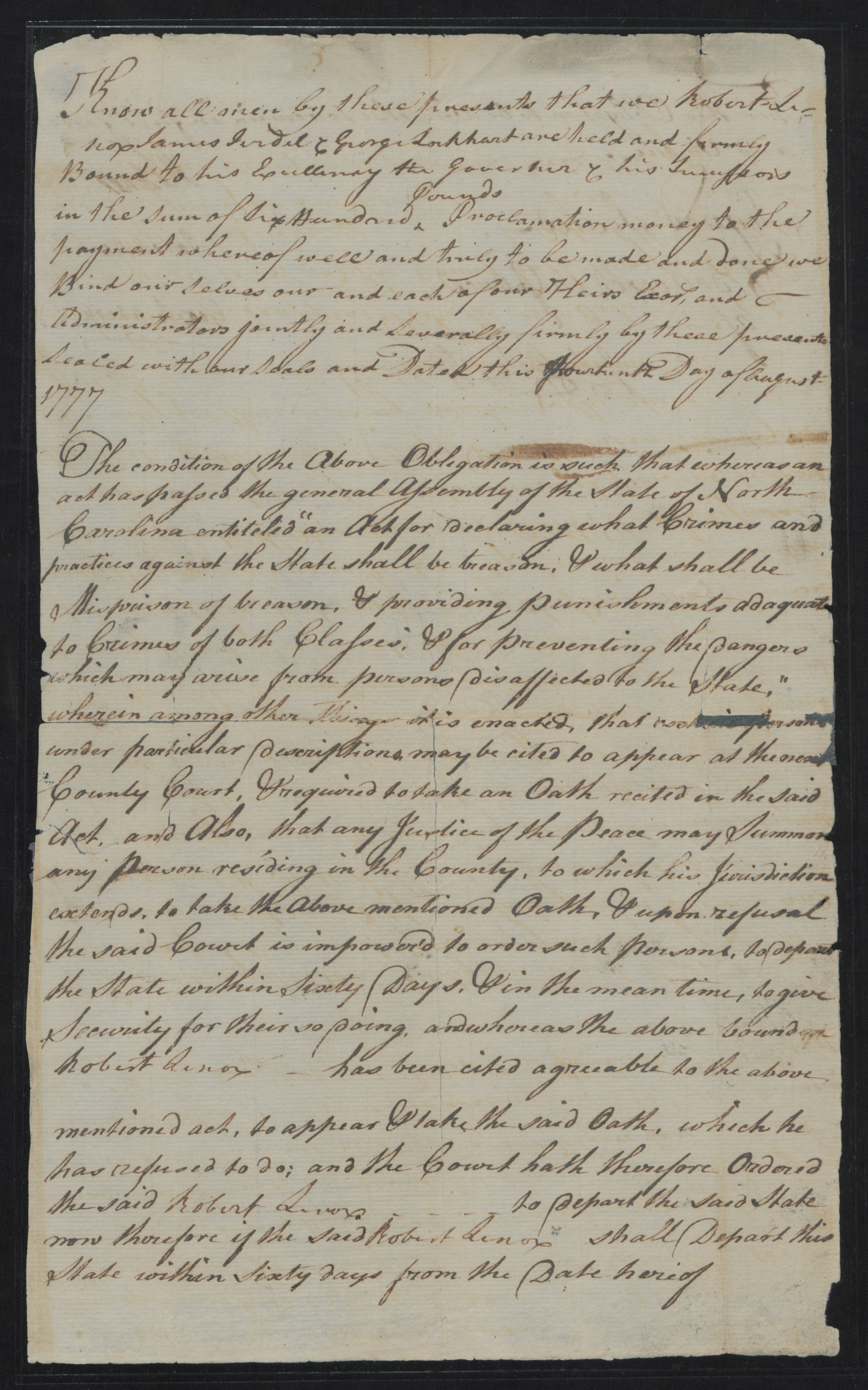Bond from the Bertie County Court for Robert Lenox to leave North Carolina, 14 August 1777, page 1