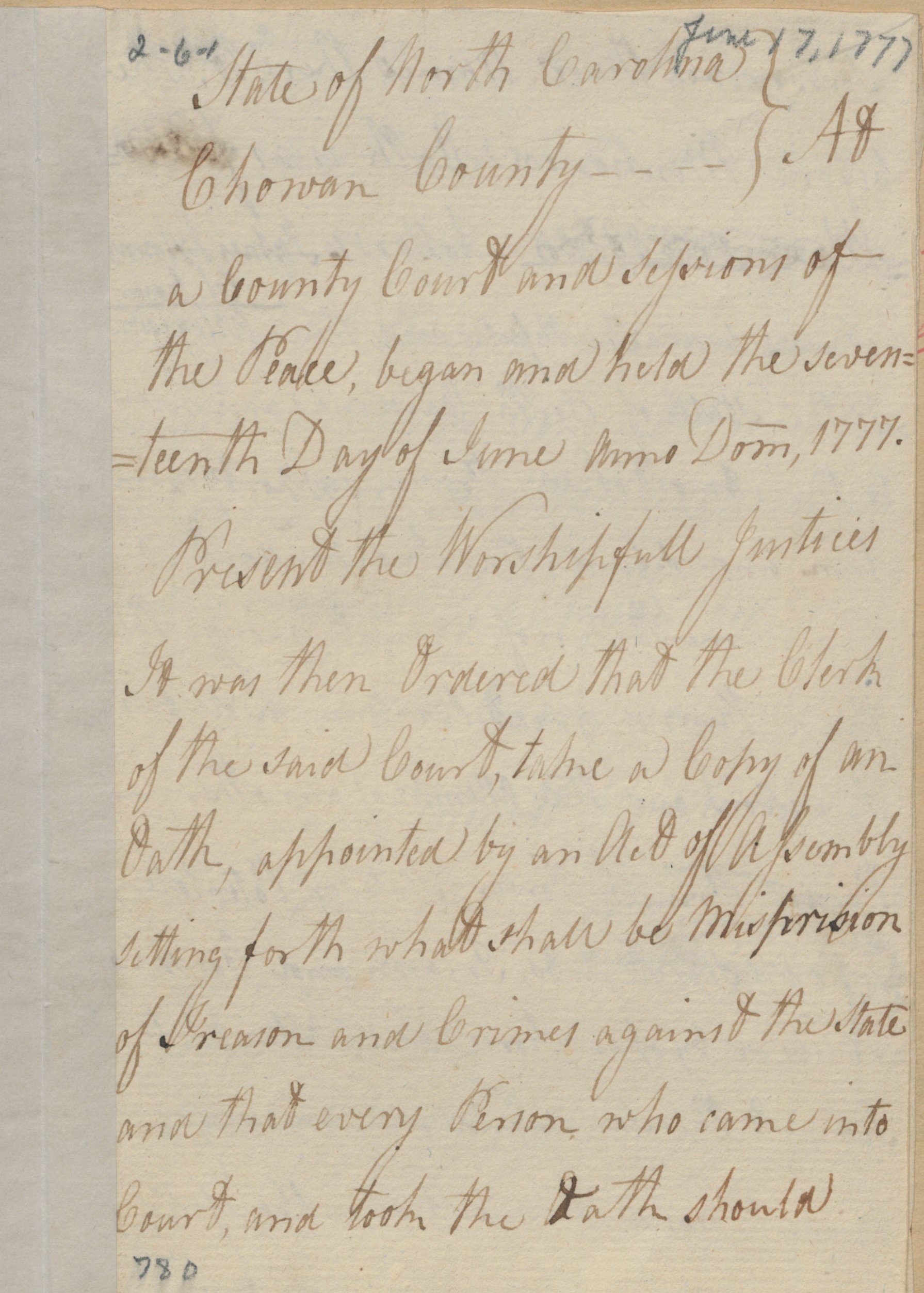 Order of the Chowan County Court, 17 June 1777, page 1