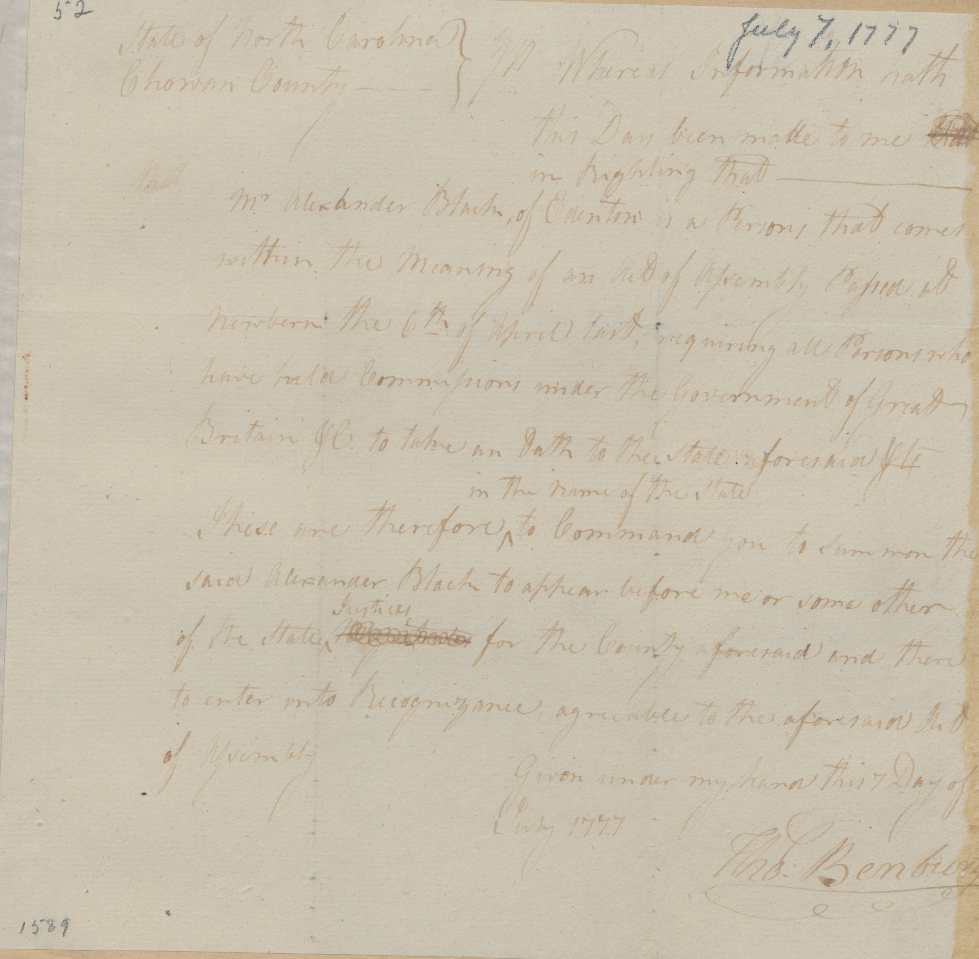 Court Summons by Thomas Benbury for Alexander Black, 7 July 1777, page 1