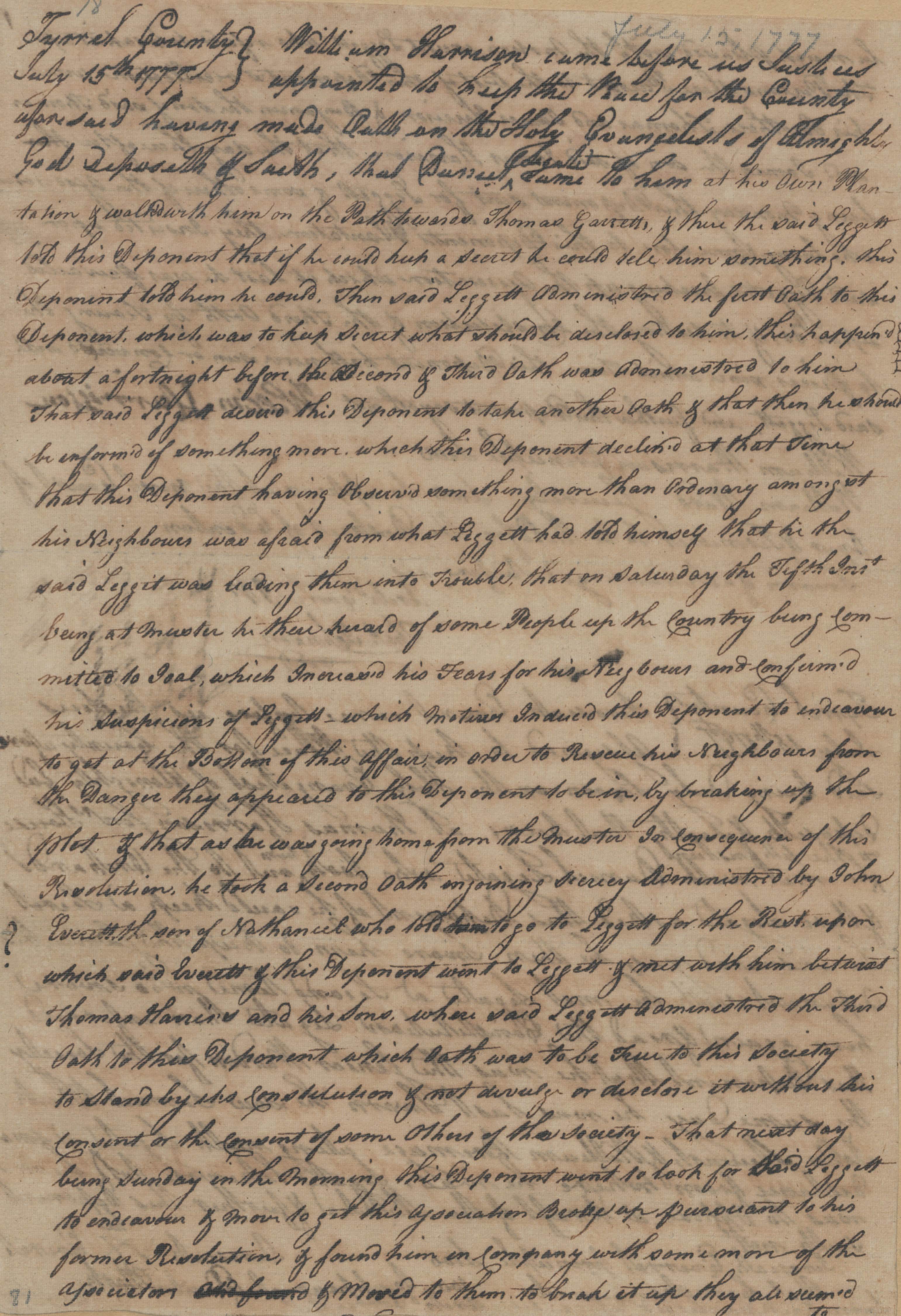 Deposition of William Harrison, 15 July 1777, page 1
