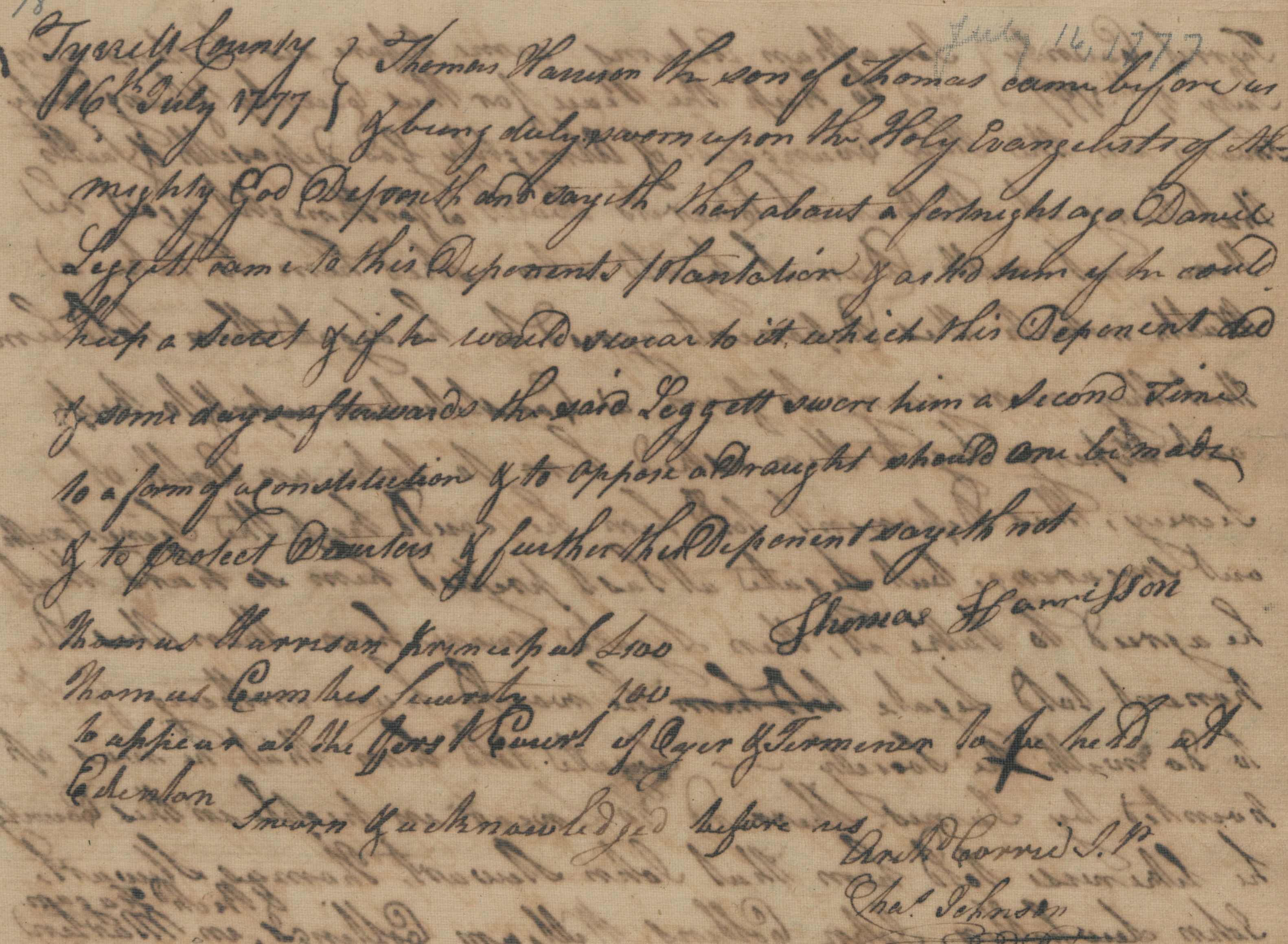 Deposition of Thomas Harrison Jr., 16 July 1777, page 1