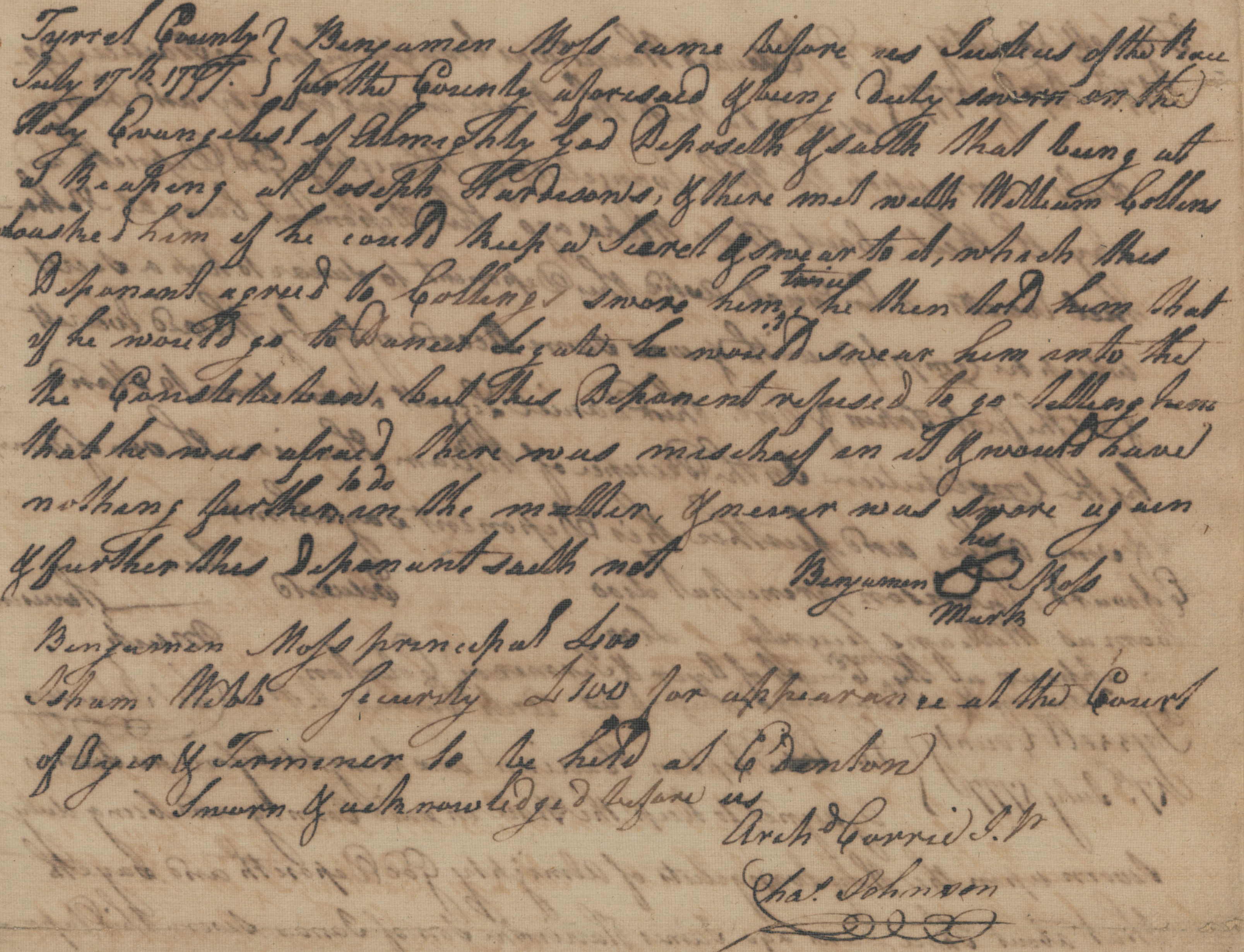 Deposition of Benjamin Moss, 17 July 1777, page 1