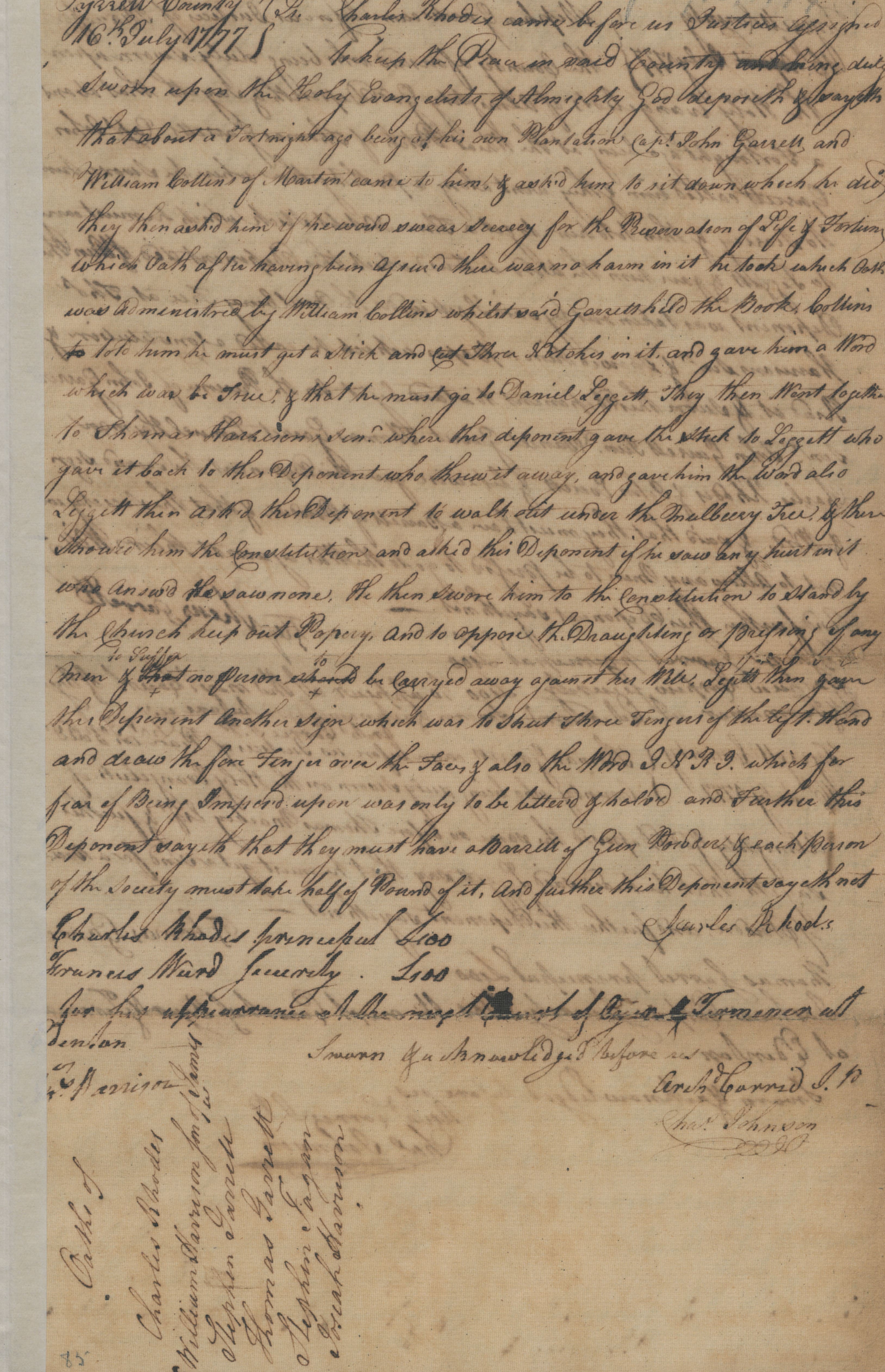 Deposition of Charles Rhodes, 16 July 1777