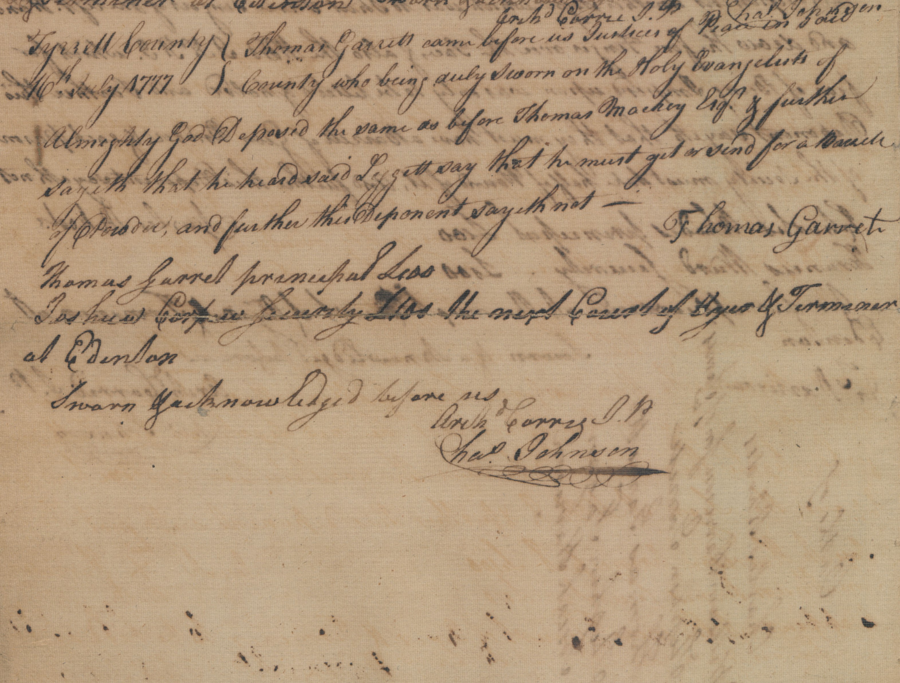 Deposition of Thomas Garrett, 16 July 1777, page 1