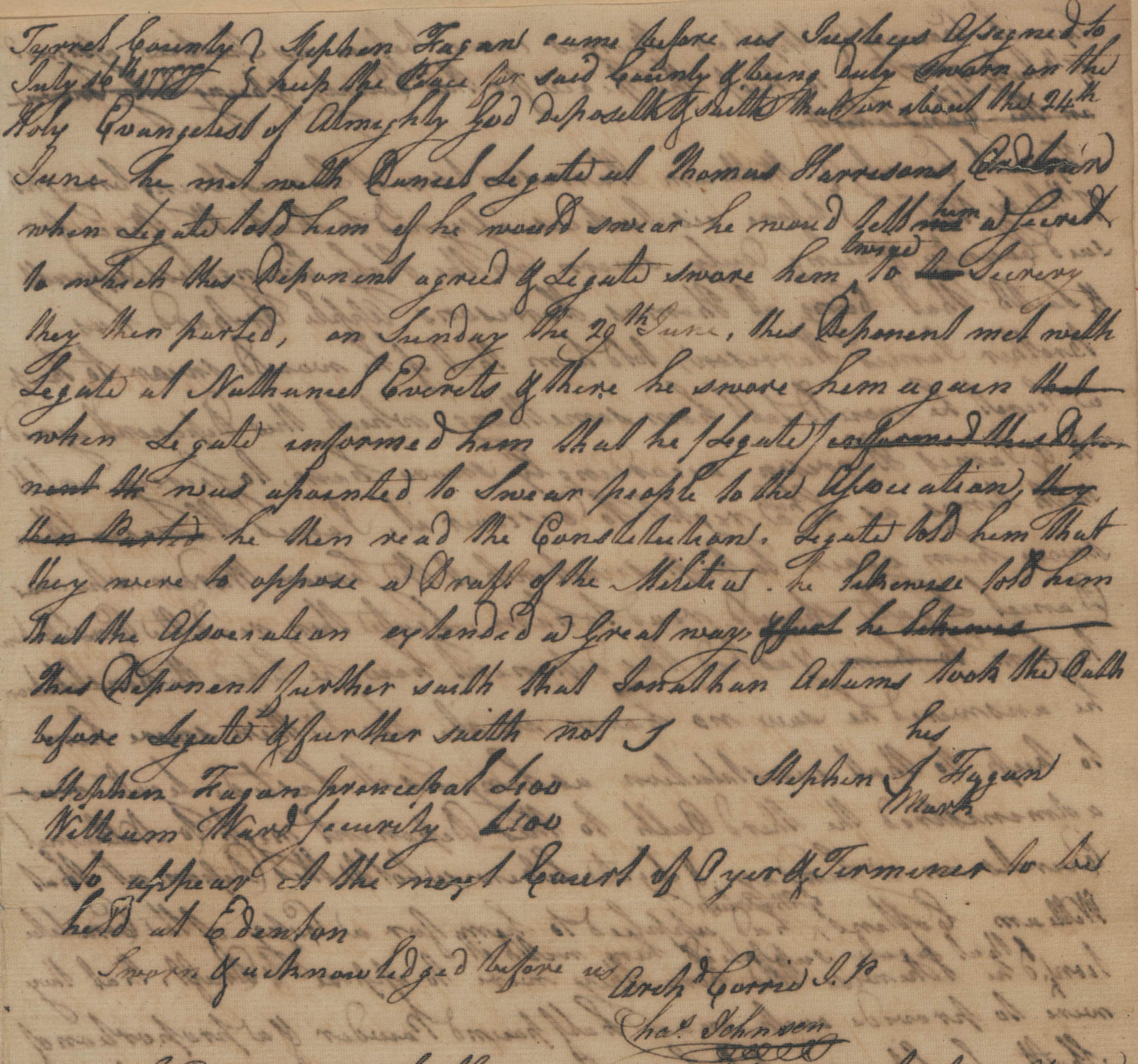 Deposition of Stephen Fagan, 16 July 1777, page 1