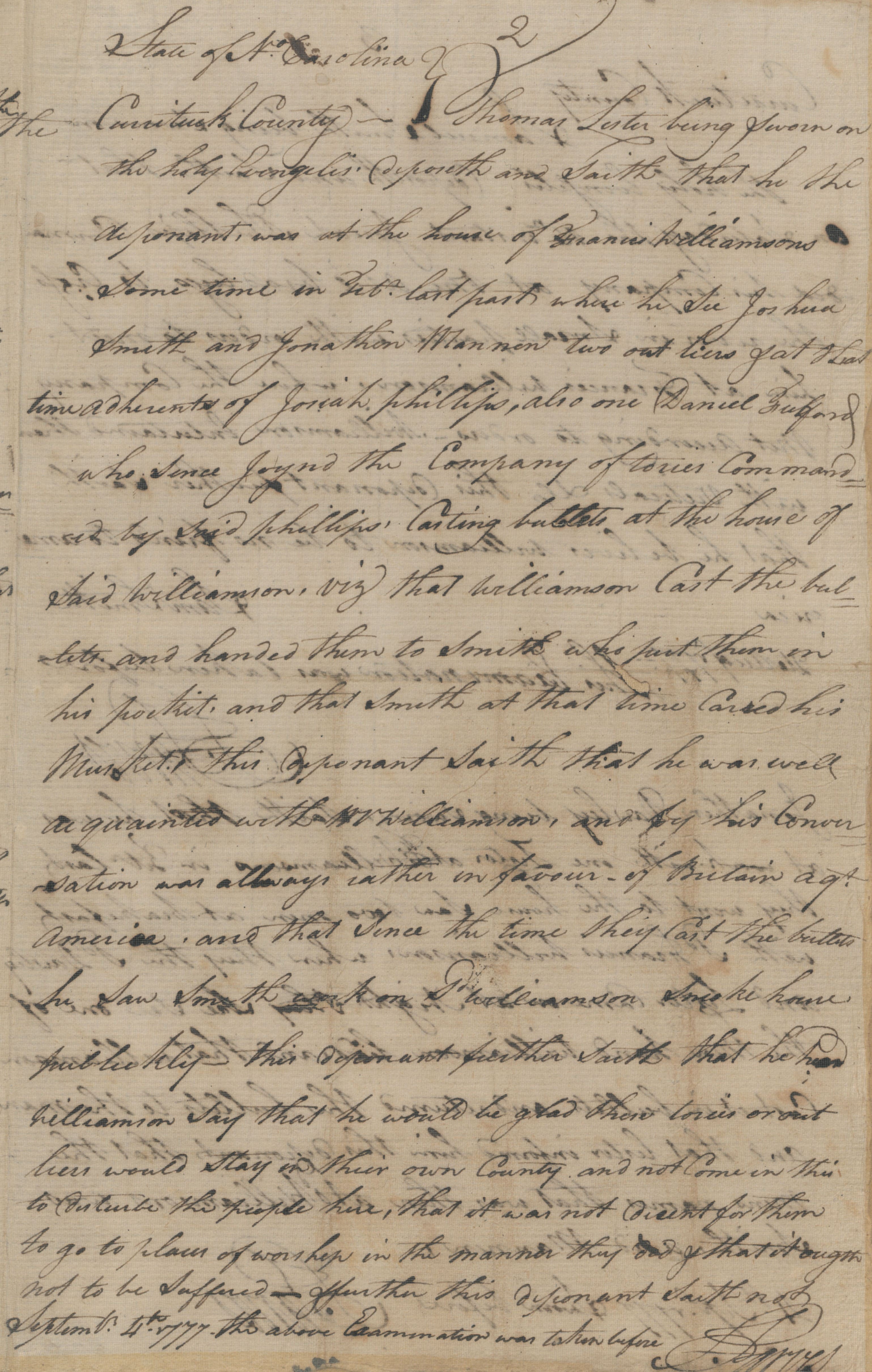 Deposition of Thomas Lester, 4 September 1777