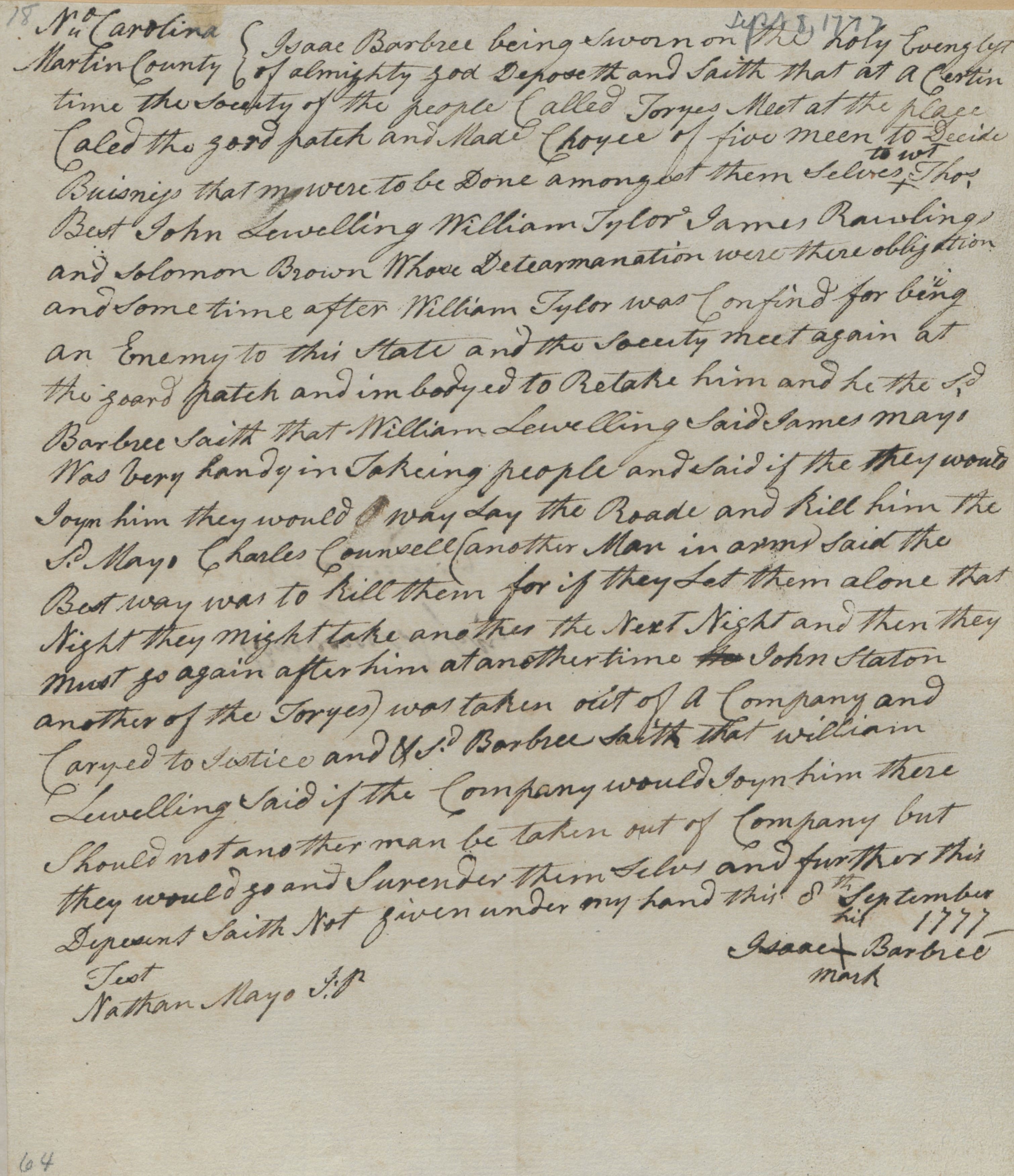 Deposition of Isaac Barbree, 8 September 1777, page 1