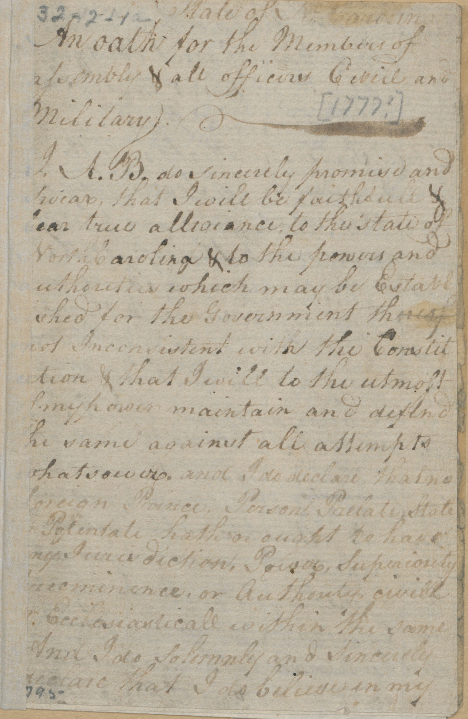 List of Civil and Military Officers Swearing the Oath of Allegiance to the State of North Carolina, circa 1777, page 1