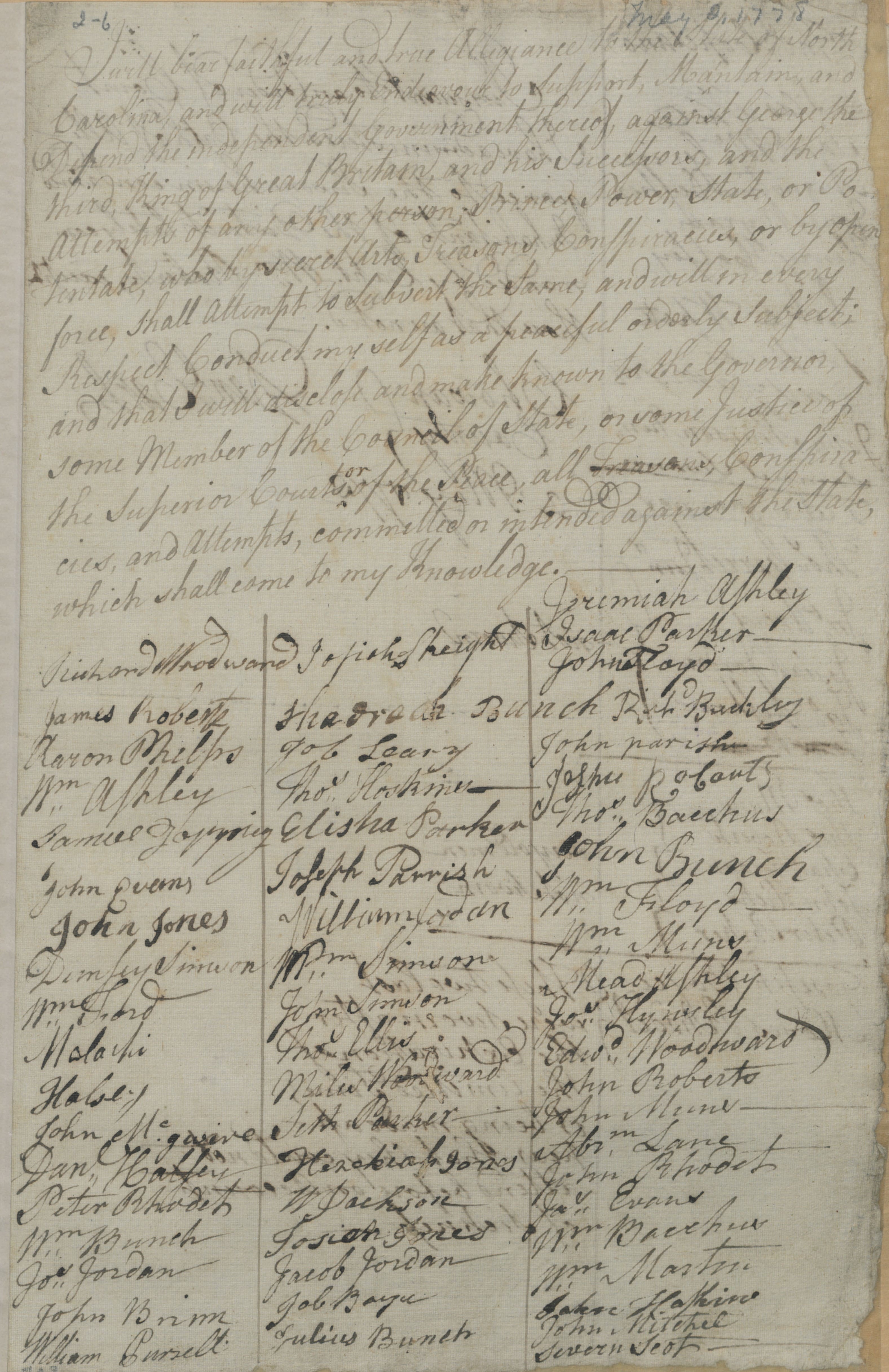 List of People Swearing and Refusing the Oath of Allegiance in Chowan County, 2 May 1778, page 1