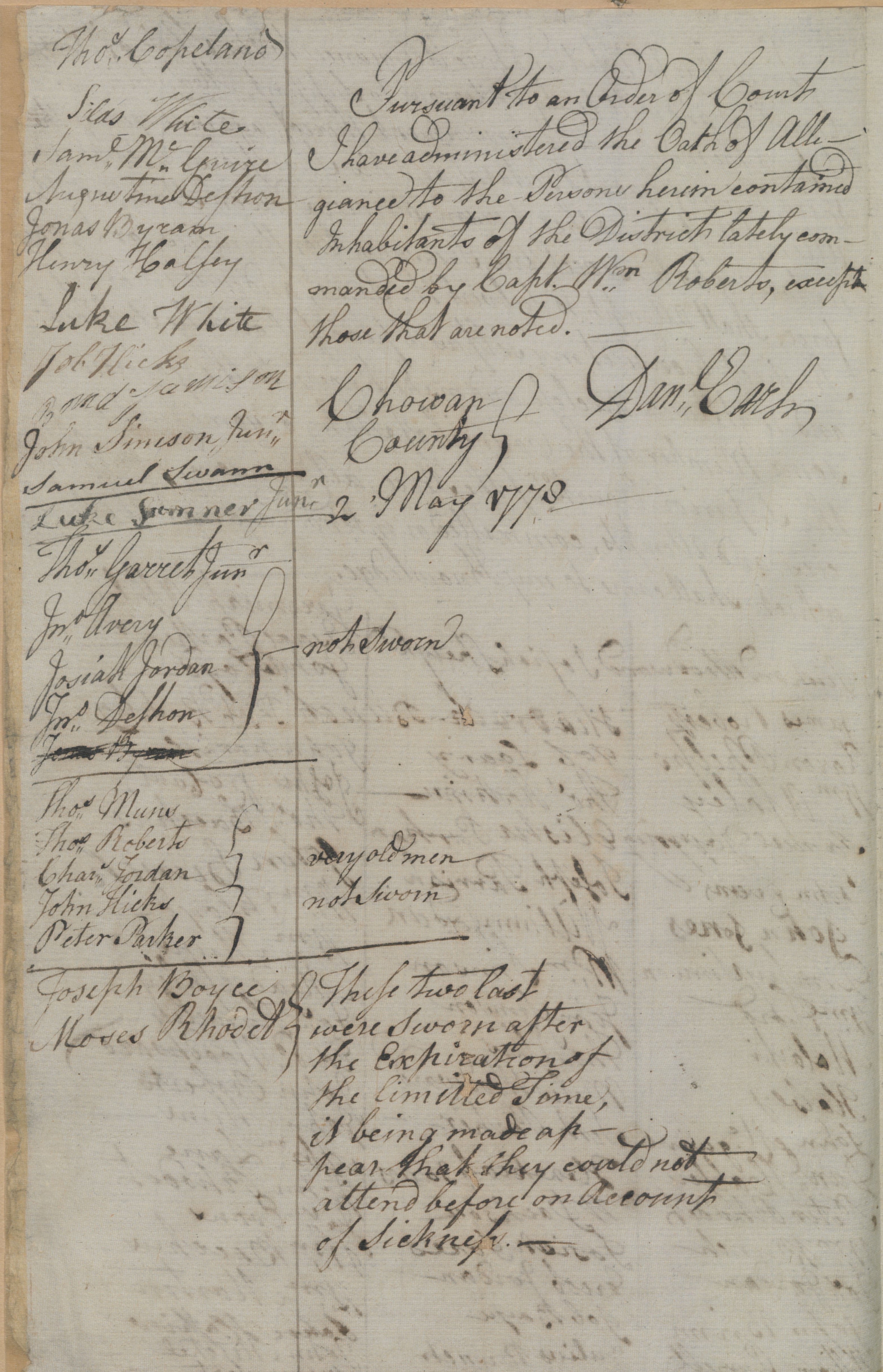 List of People Swearing and Refusing the Oath of Allegiance in Chowan County, 2 May 1778, page 2