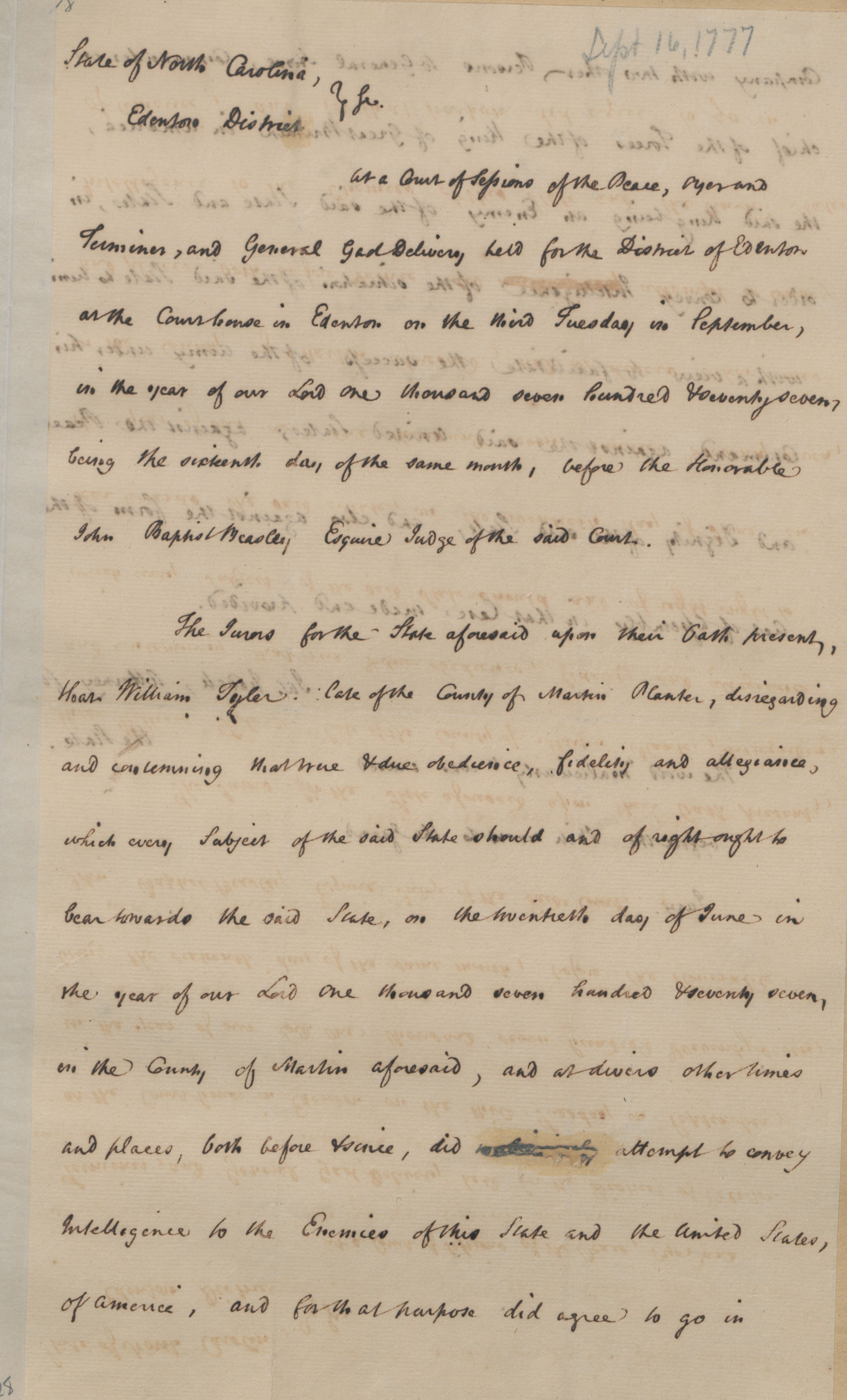 Indictment from the Edenton District Court against William Tyler, 16 September 1777, page 1