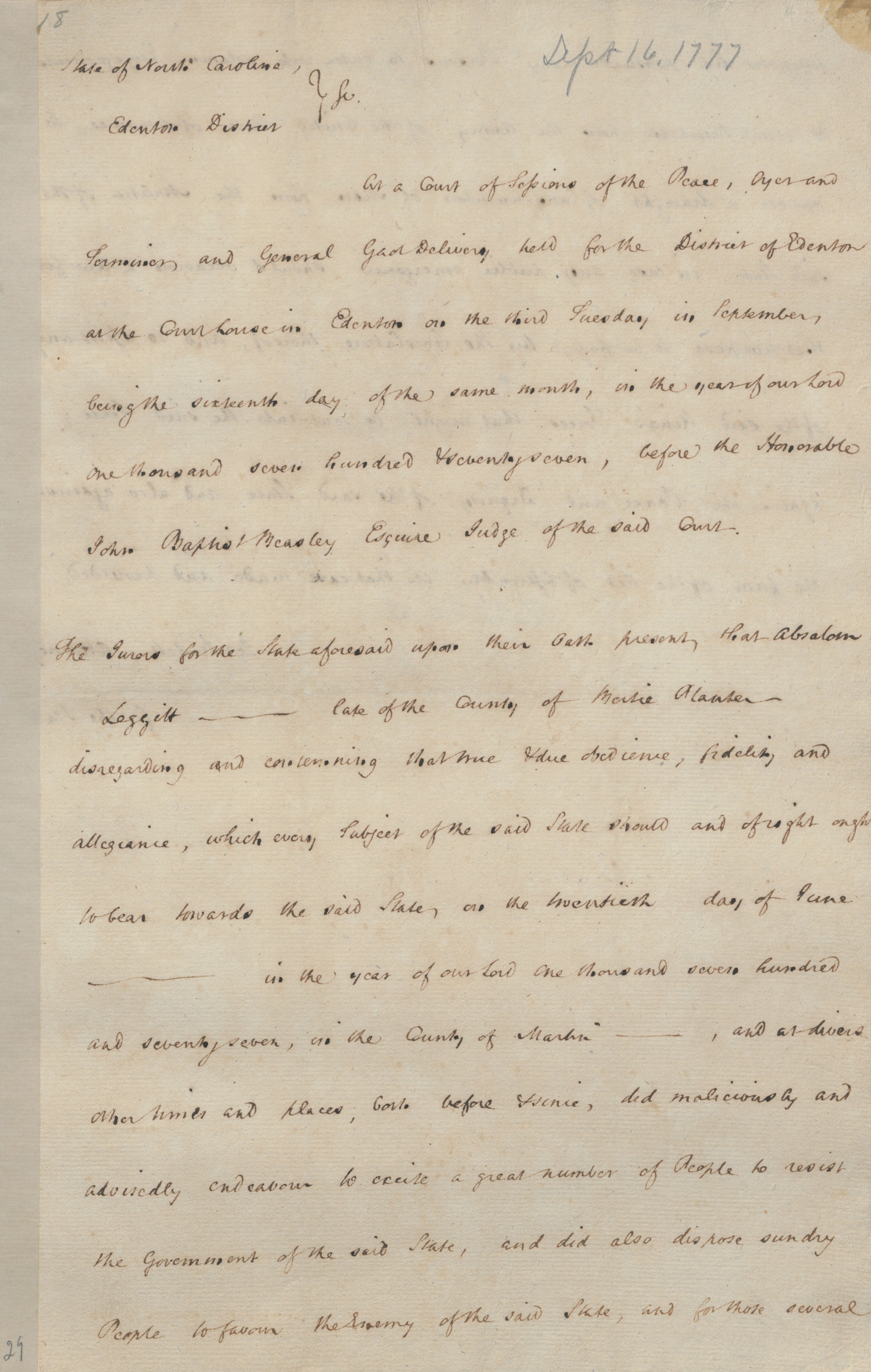Indictment from the Edenton District Court against Absalom Leggett, 16 September 1777, page 1