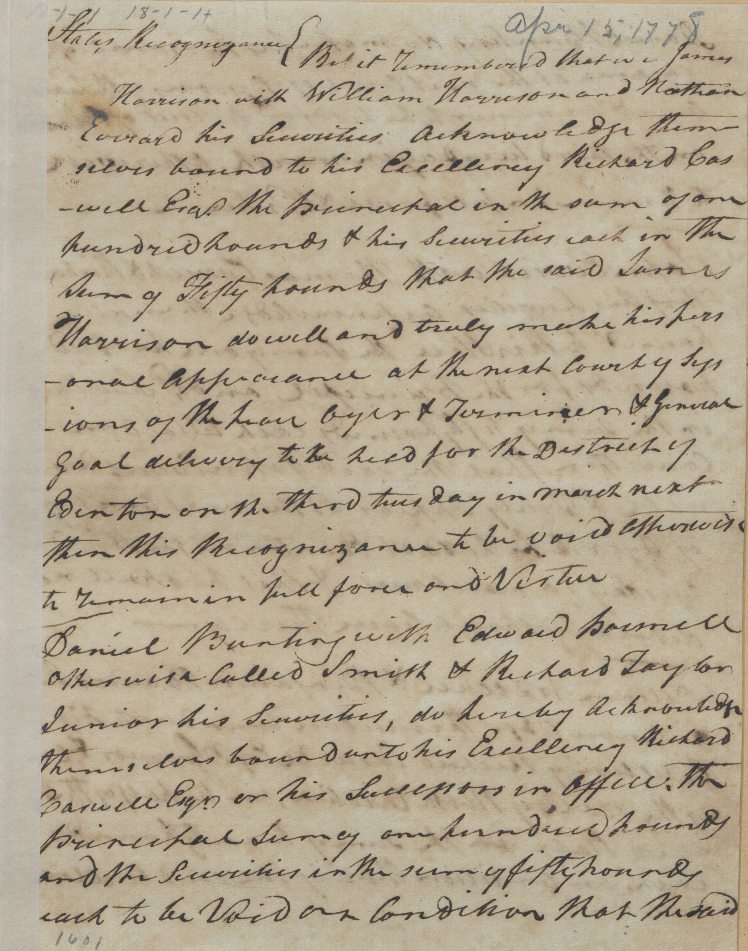 Bond from the Edenton District Court for James Harrison, Daniel Bunting, et. al., circa 10 October 1777, page 1