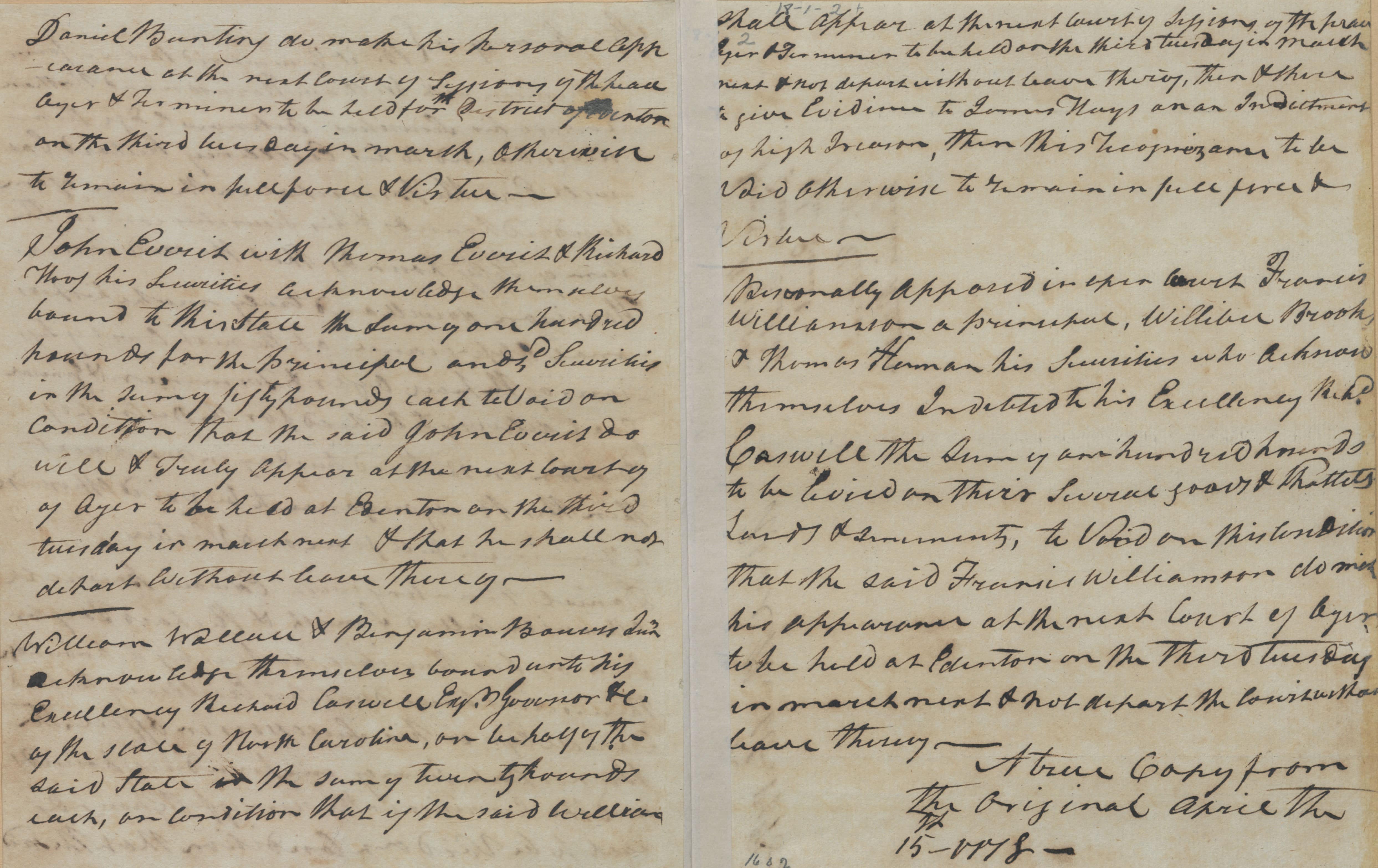 Bond from the Edenton District Court for James Harrison, Daniel Bunting, et. al., circa 10 October 1777, page 2