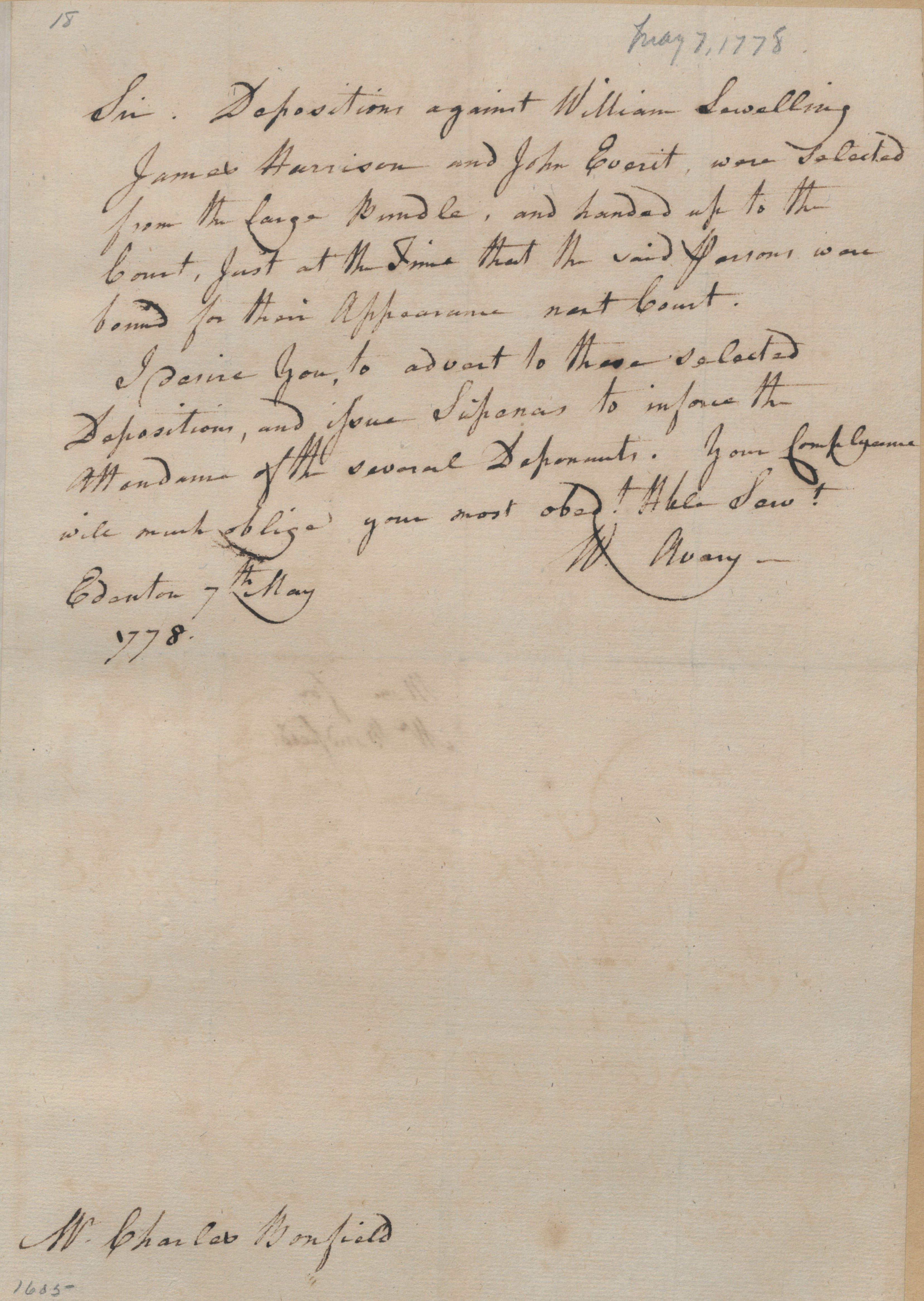 Letter from Waightstill Avery to Charles Bondfield, 7 May 1778, page 1