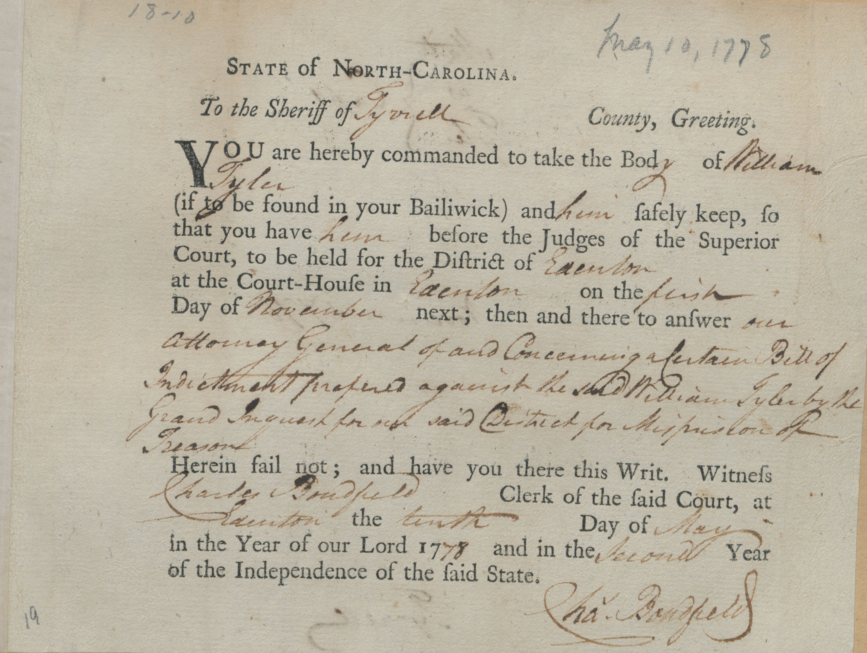 Bench Warrant from Charles Bondfield to the Tyrrell County Sheriff for William Tyler, 10 May 1778, page 1