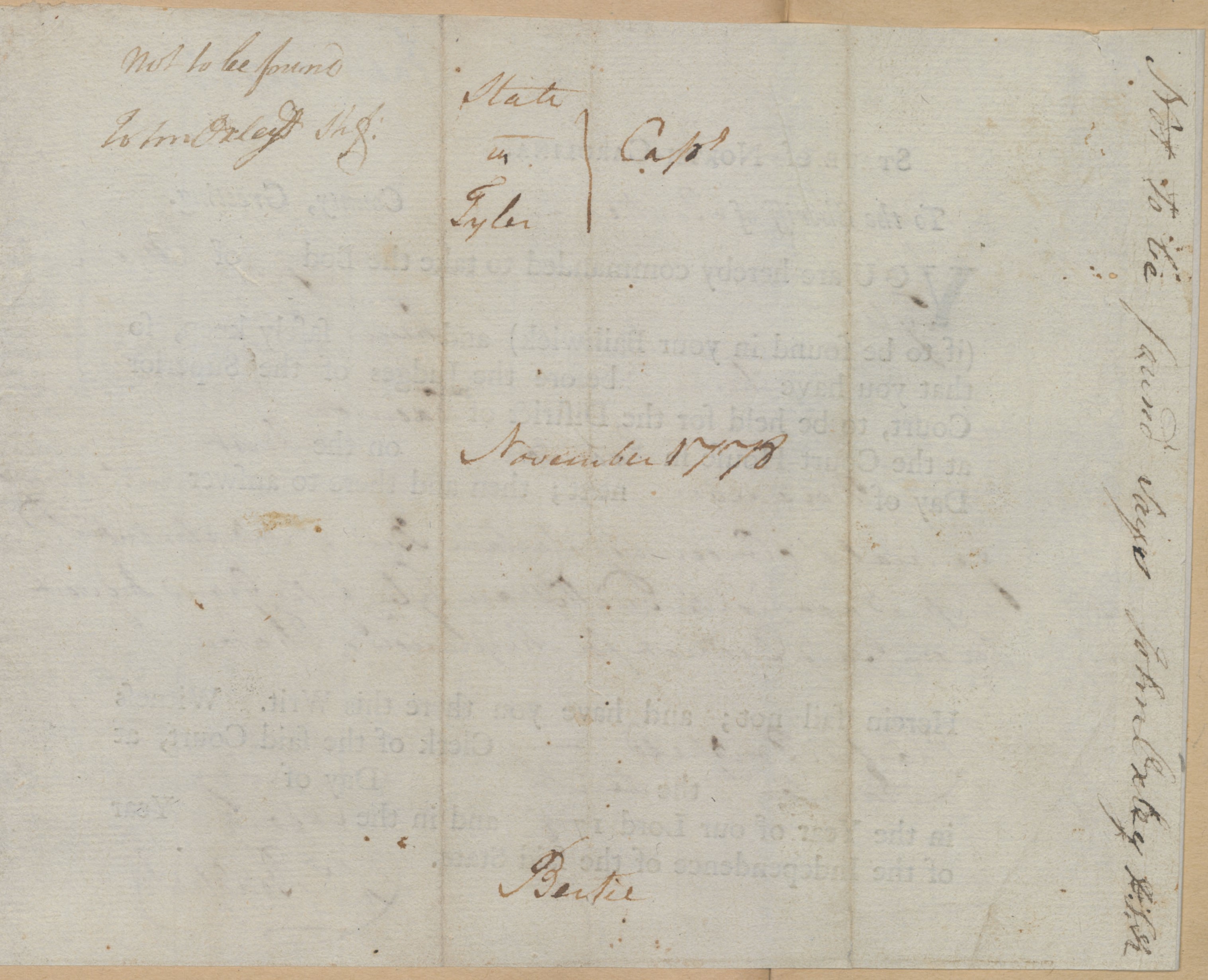 Bench Warrant from Charles Bondfield to the Bertie County Sheriff for William Tyler, 10 May 1778, page 2
