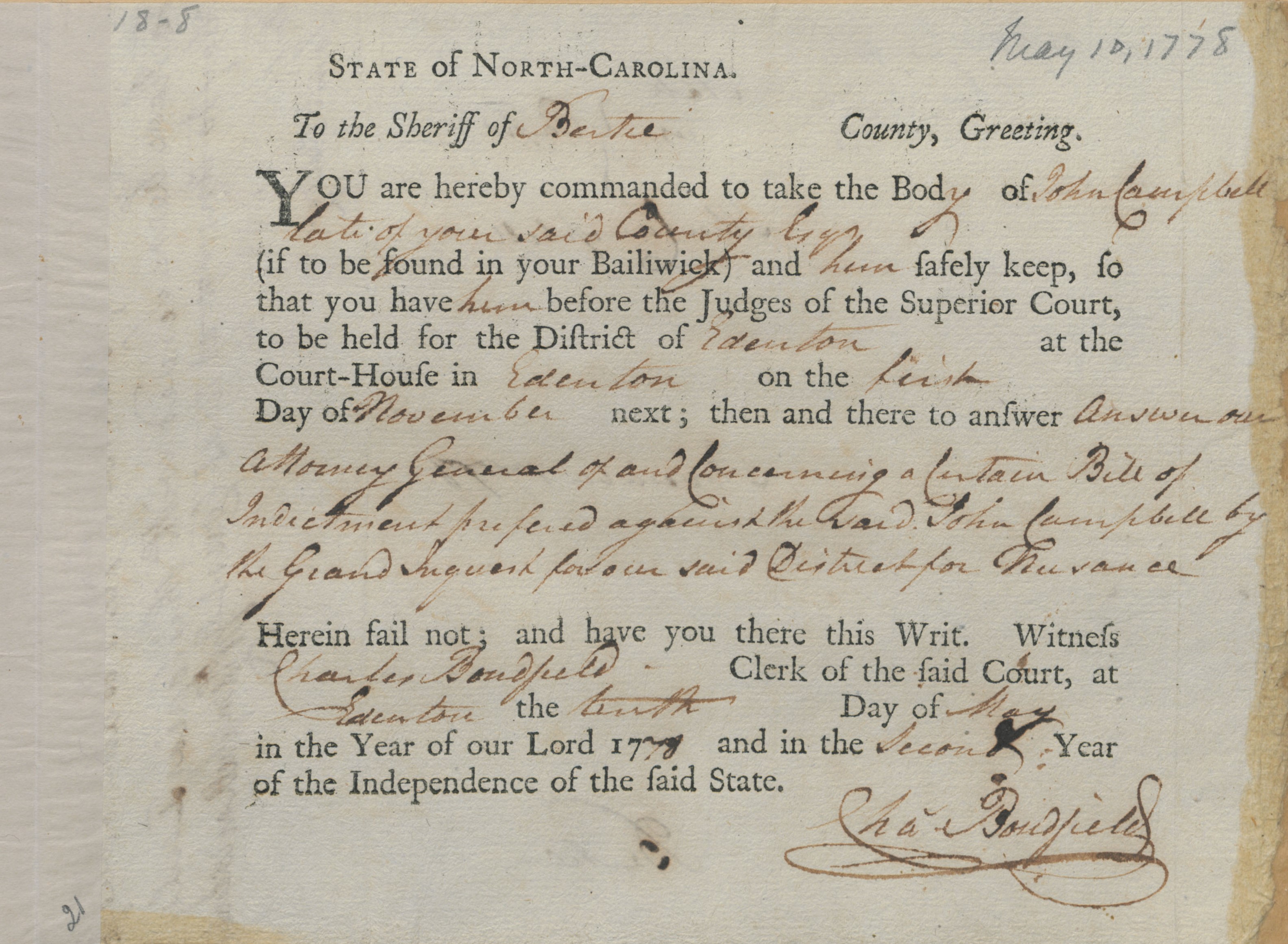 Bench Warrant from Charles Bondfield to the Bertie County Sheriff for John Campbell, 10 May 1778, page 1