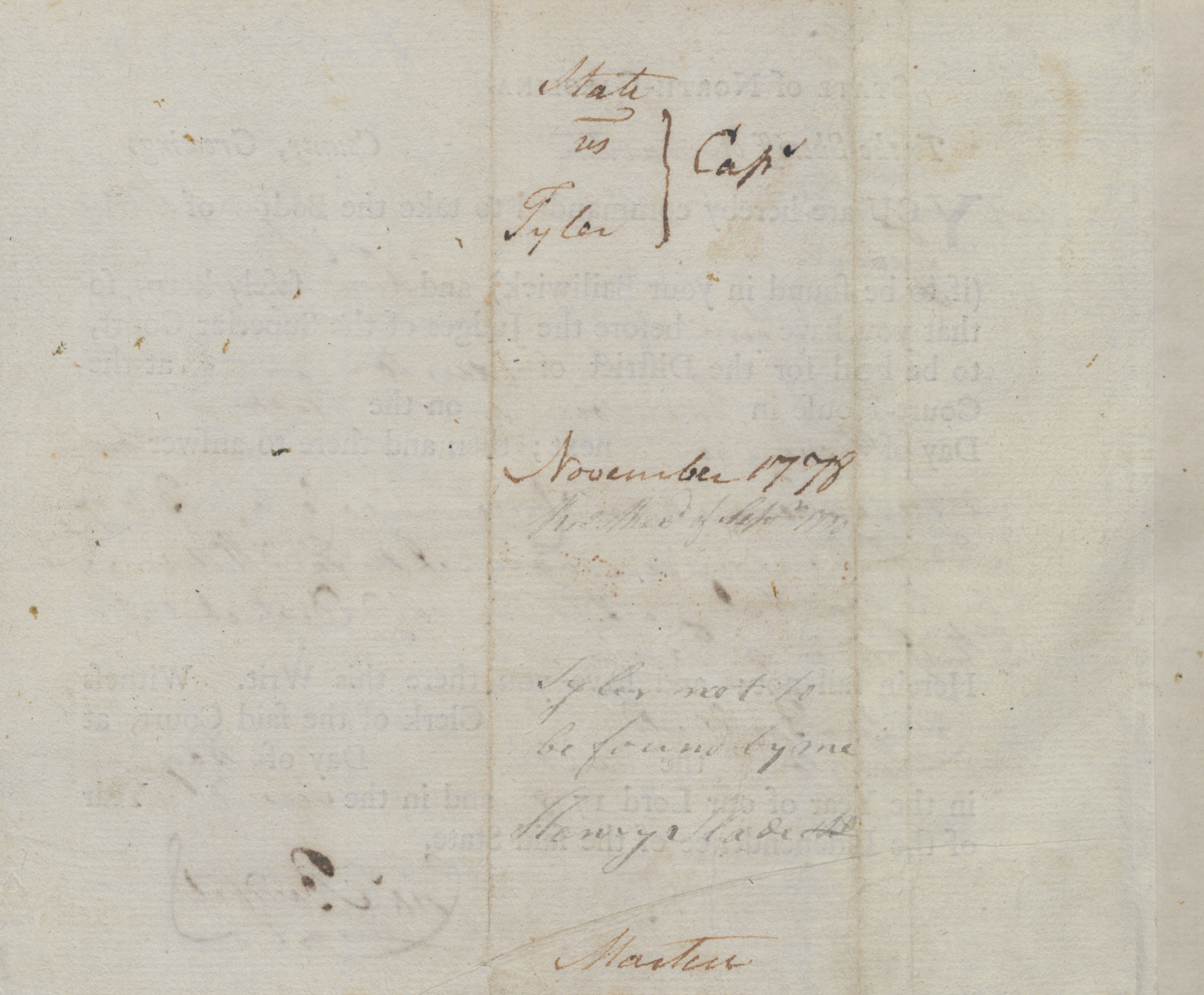 Bench Warrant from Charles Bondfield to the Martin County Sheriff for William Tyler, 10 May 1778, page 2
