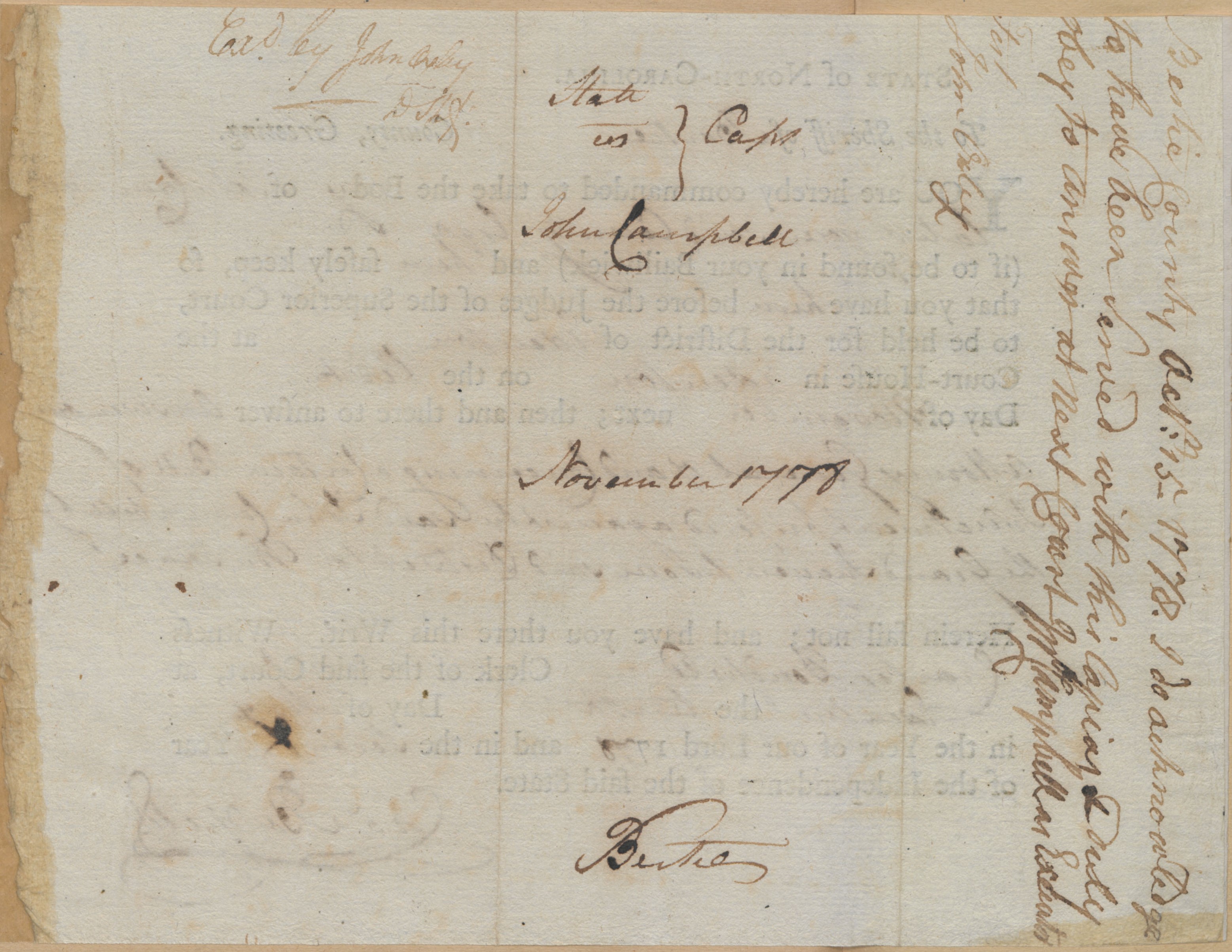 Bench Warrant from Charles Bondfield to the Bertie County Sheriff for John Campbell, 10 May 1778, page 2
