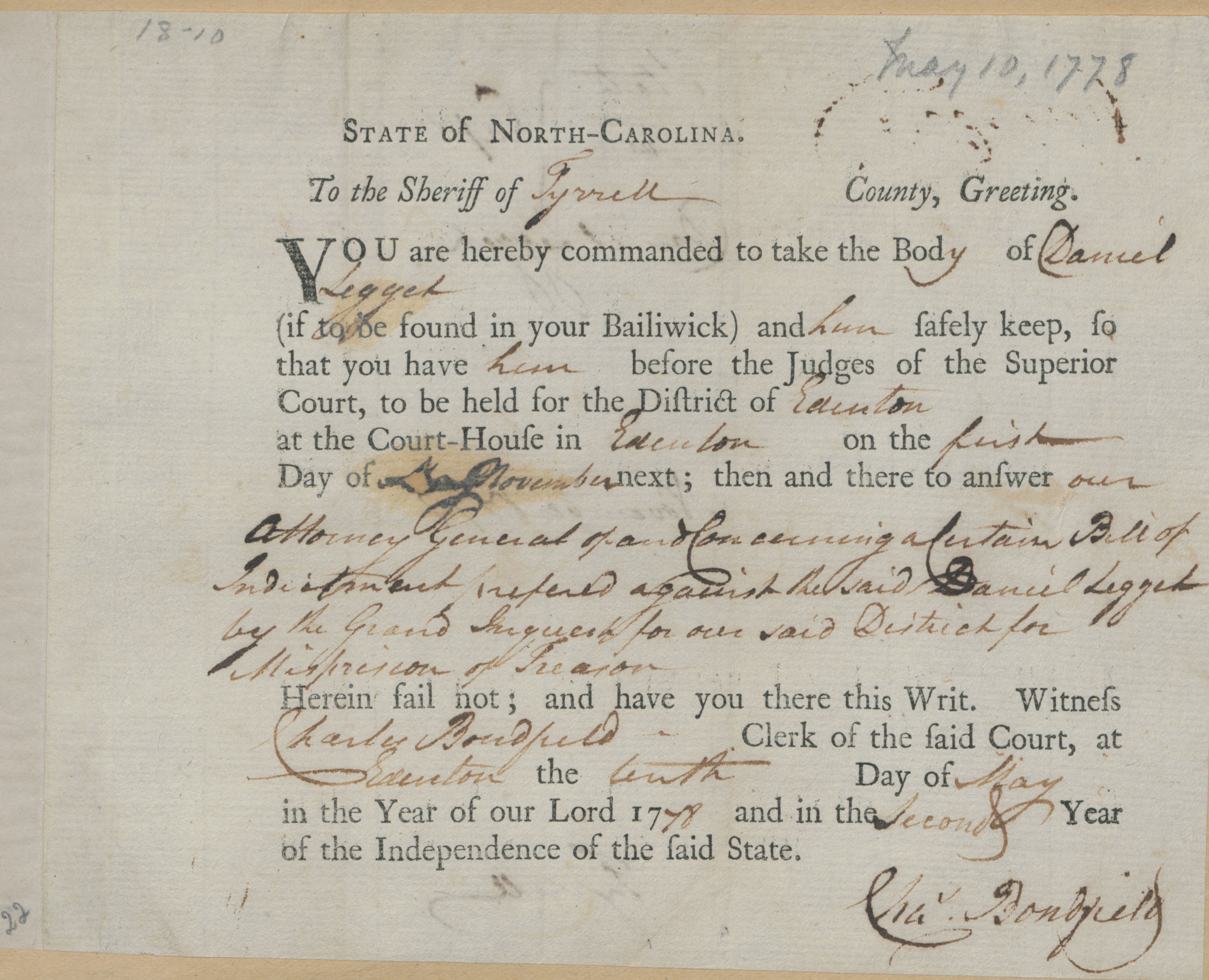 Bench Warrant from Charles Bondfield to the Tyrrell County Sheriff for Daniel Leggett, 10 May 1778, page 1