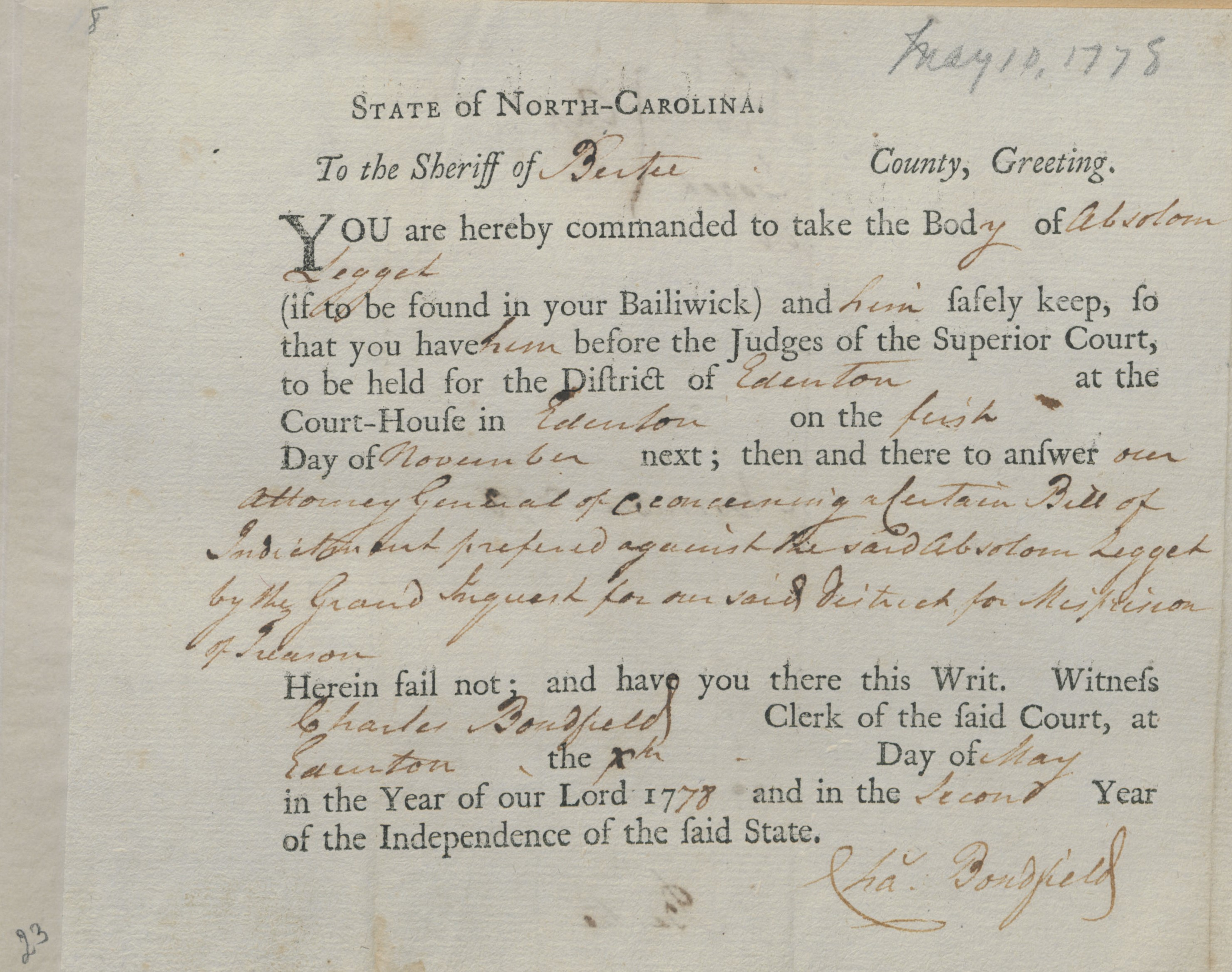 Bench Warrant from Charles Bondfield to the Bertie County Sheriff for Absalom Leggett, 10 May 1778, page 1