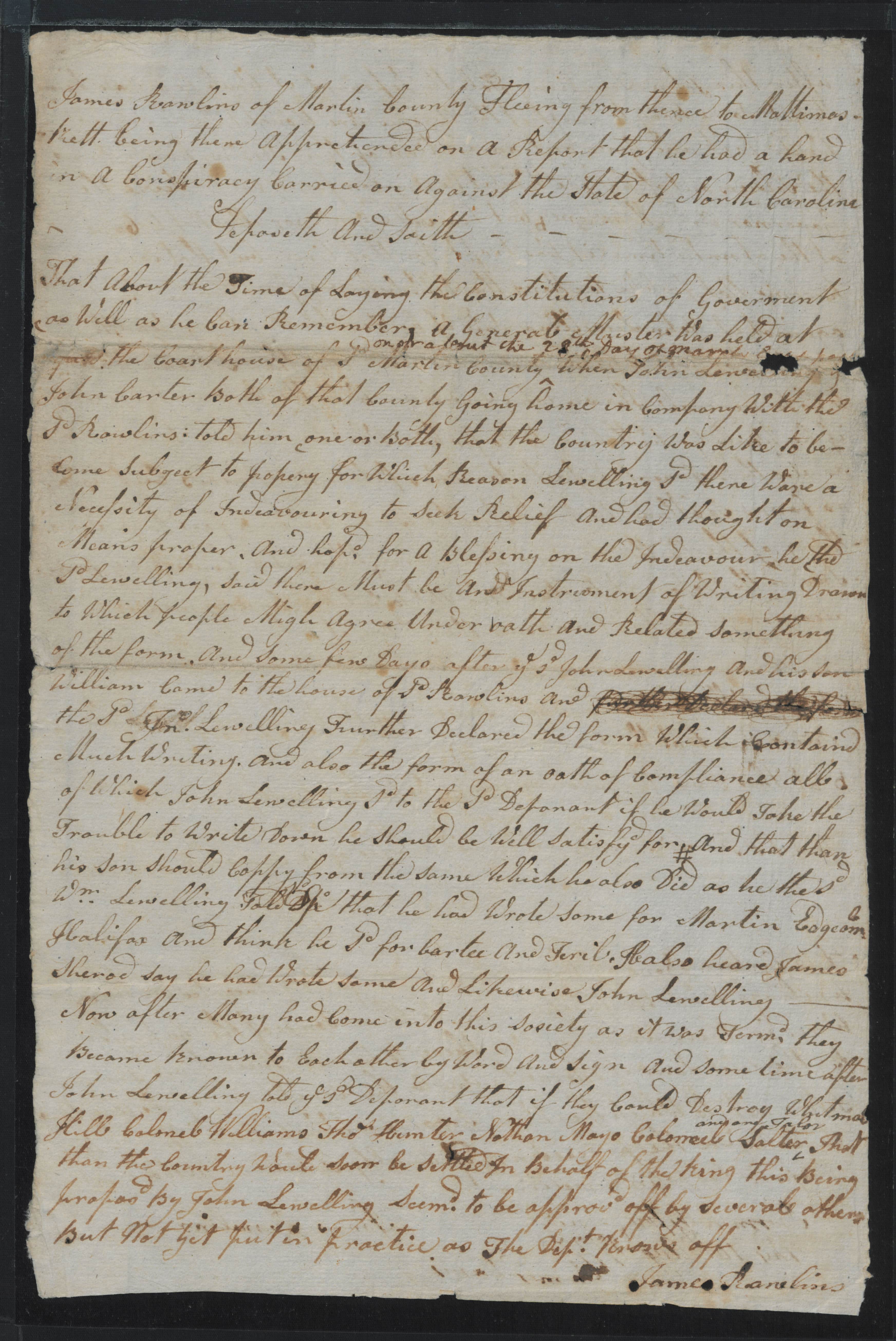 Deposition of James Rawlings, 10 August 1777, page 1