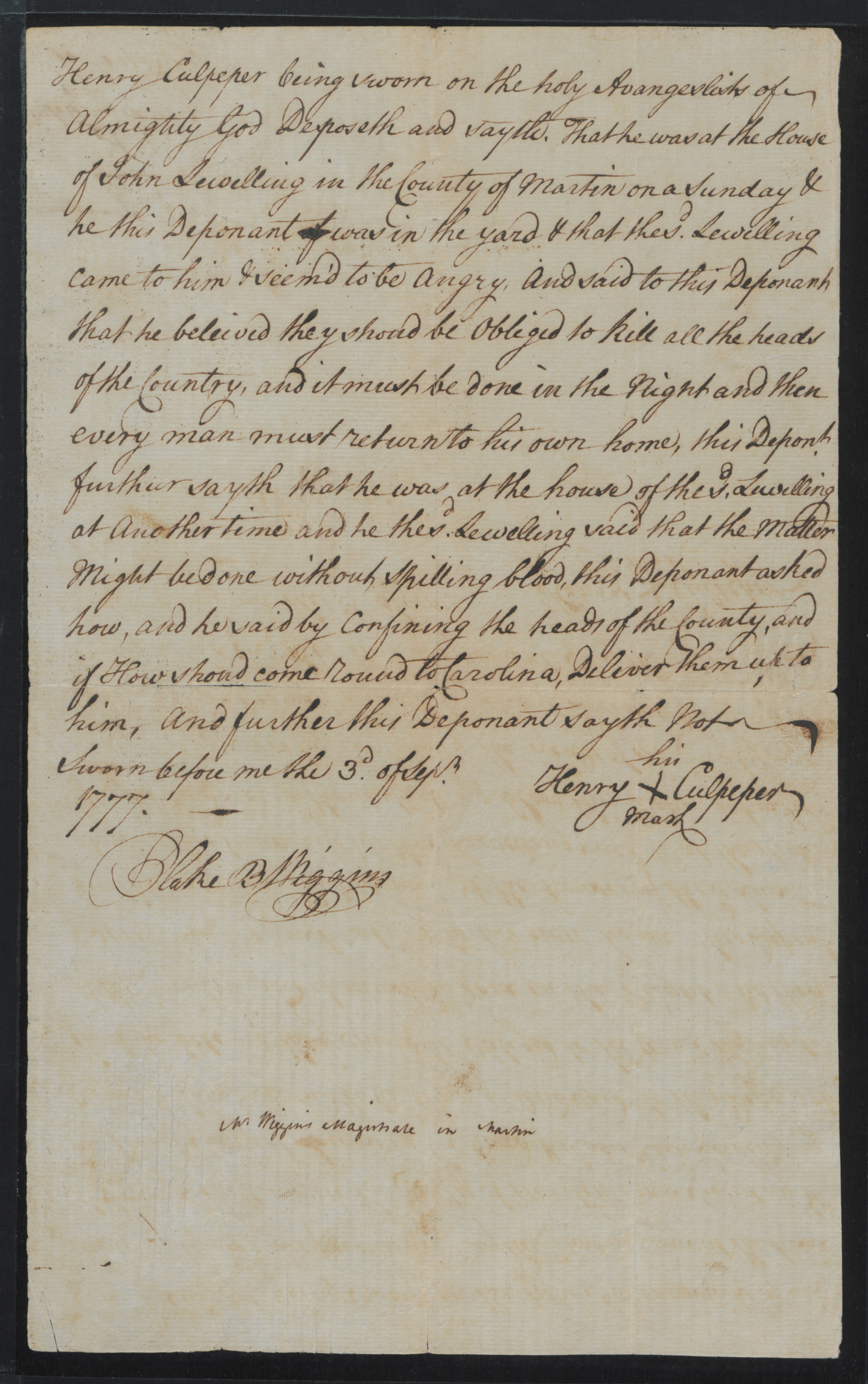 Deposition of Henry Culpeper, 3 September 1777, page 1