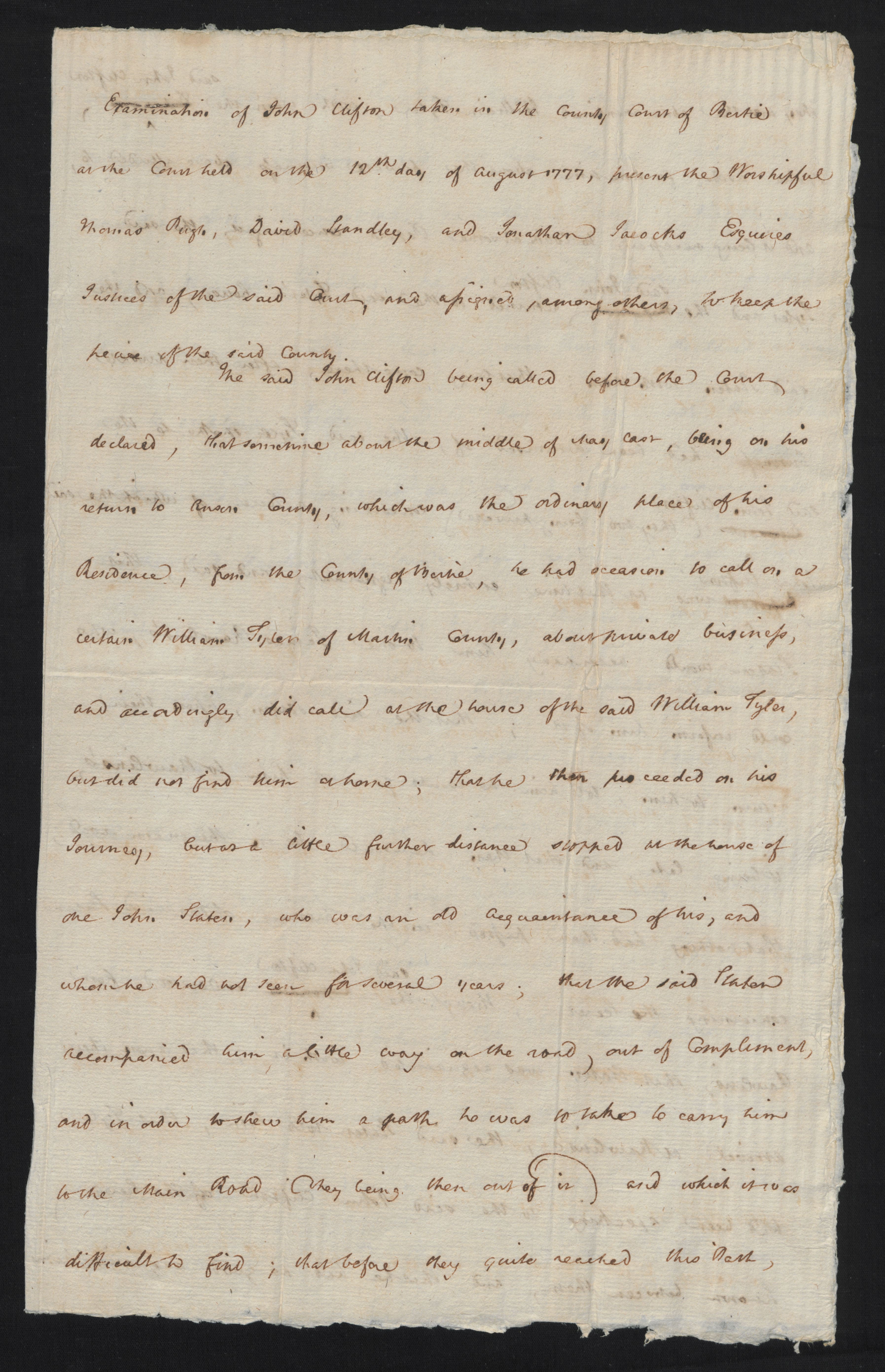 Examination of John Clifton before the Bertie County Court, 12 August 1777, page 1