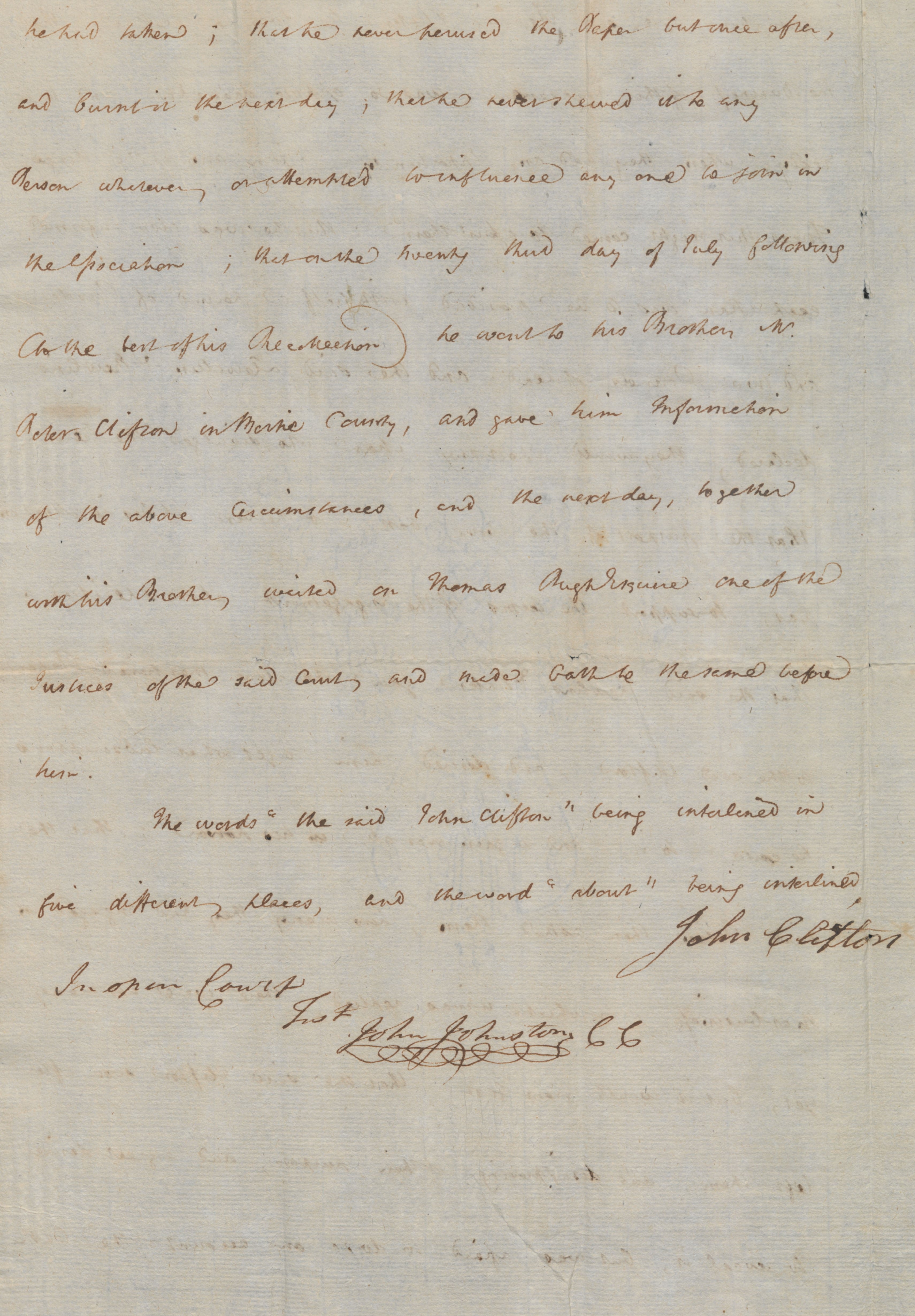 Examination of John Clifton before the Bertie County Court, 12 August 1777, page 6