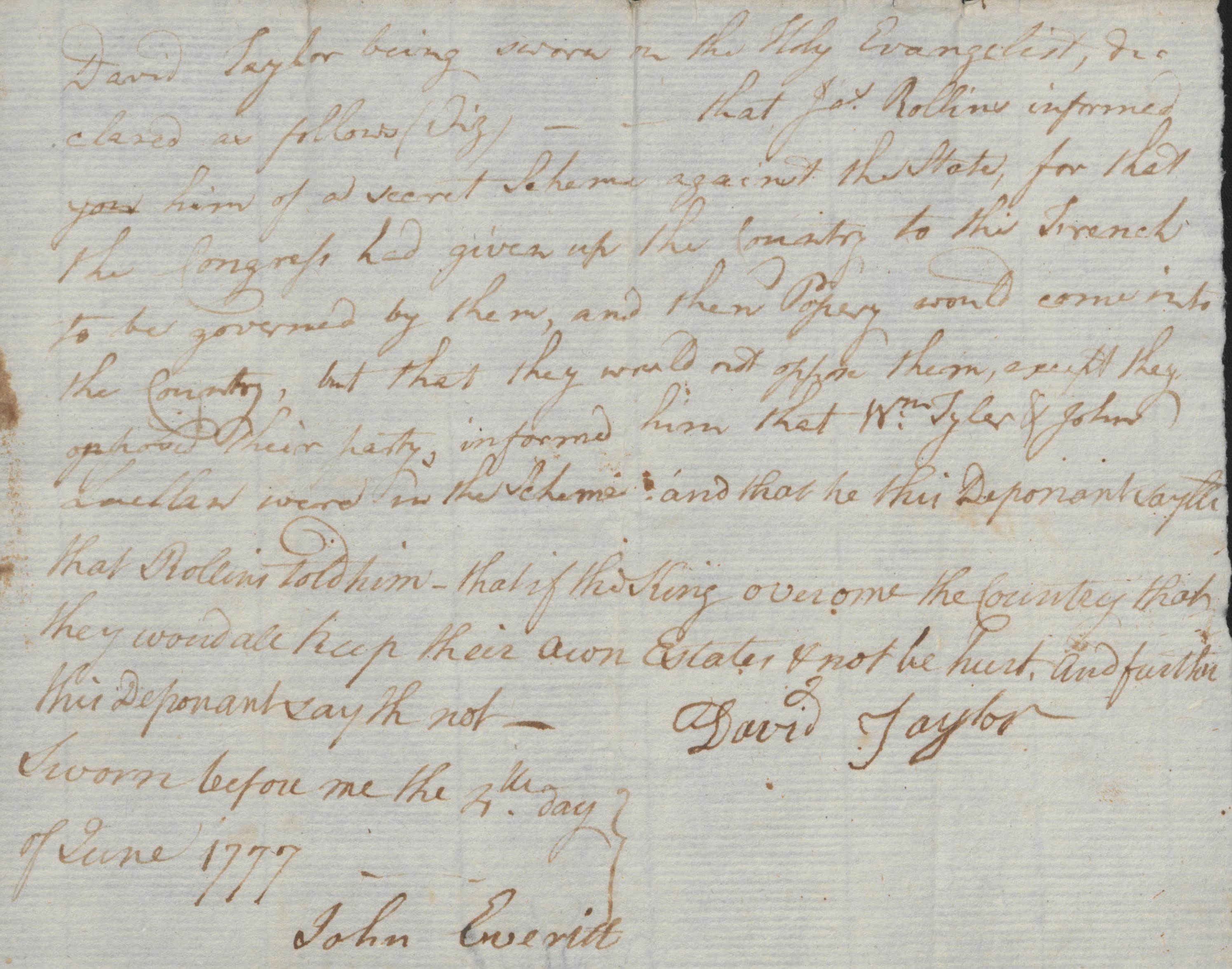 Deposition of David Taylor, 4 June 1777