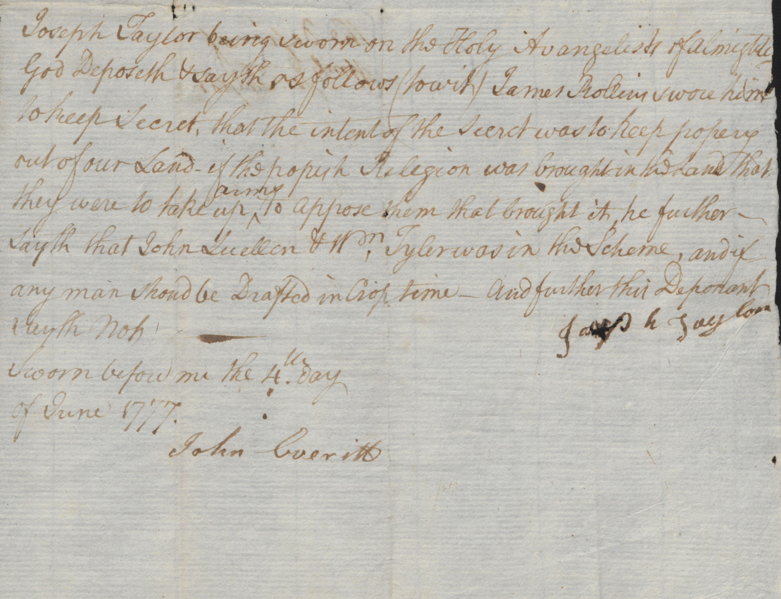 Deposition of Joseph Taylor, 4 June 1777, page 1