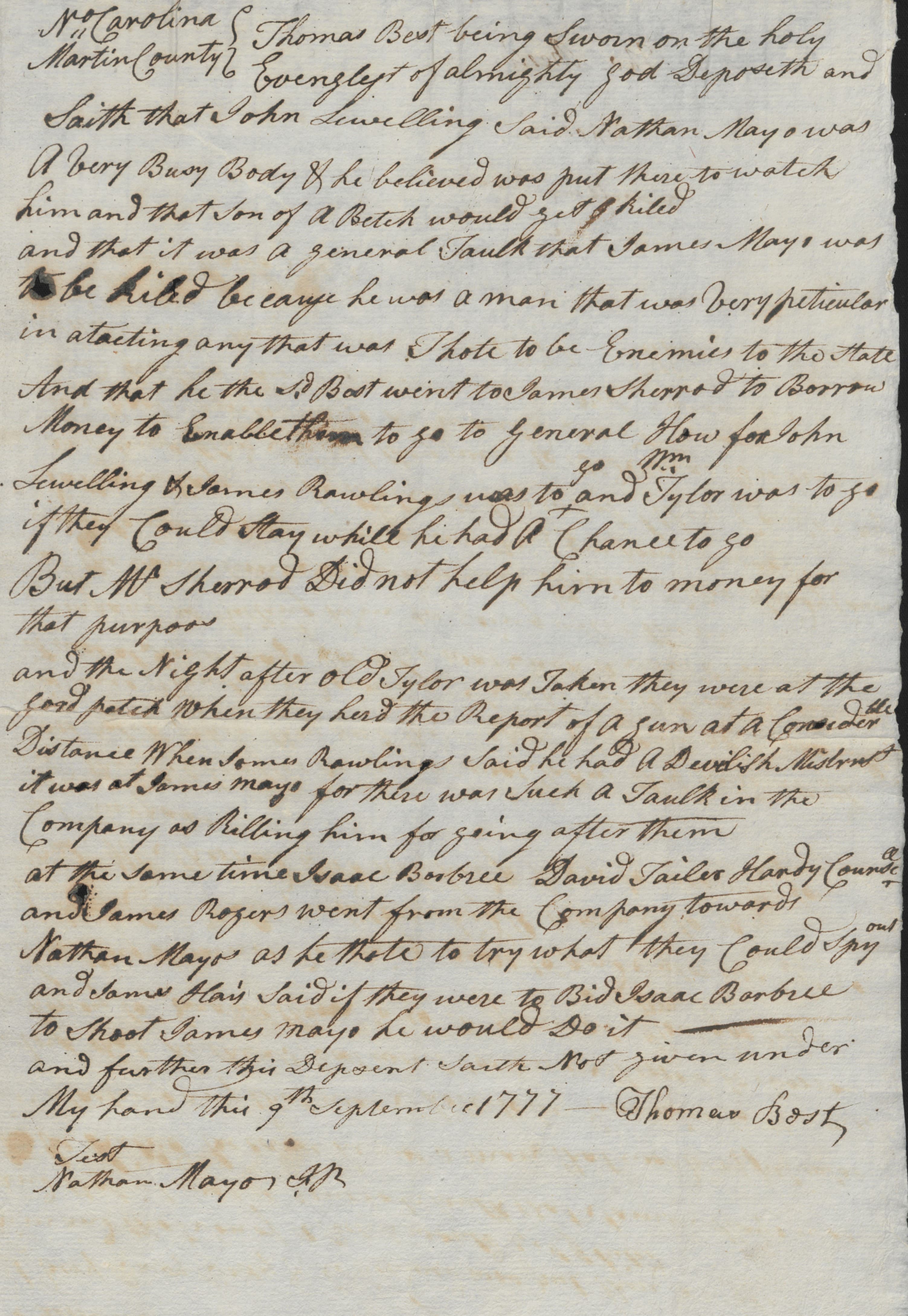 Deposition of Thomas Best, 9 September 1777, page 1