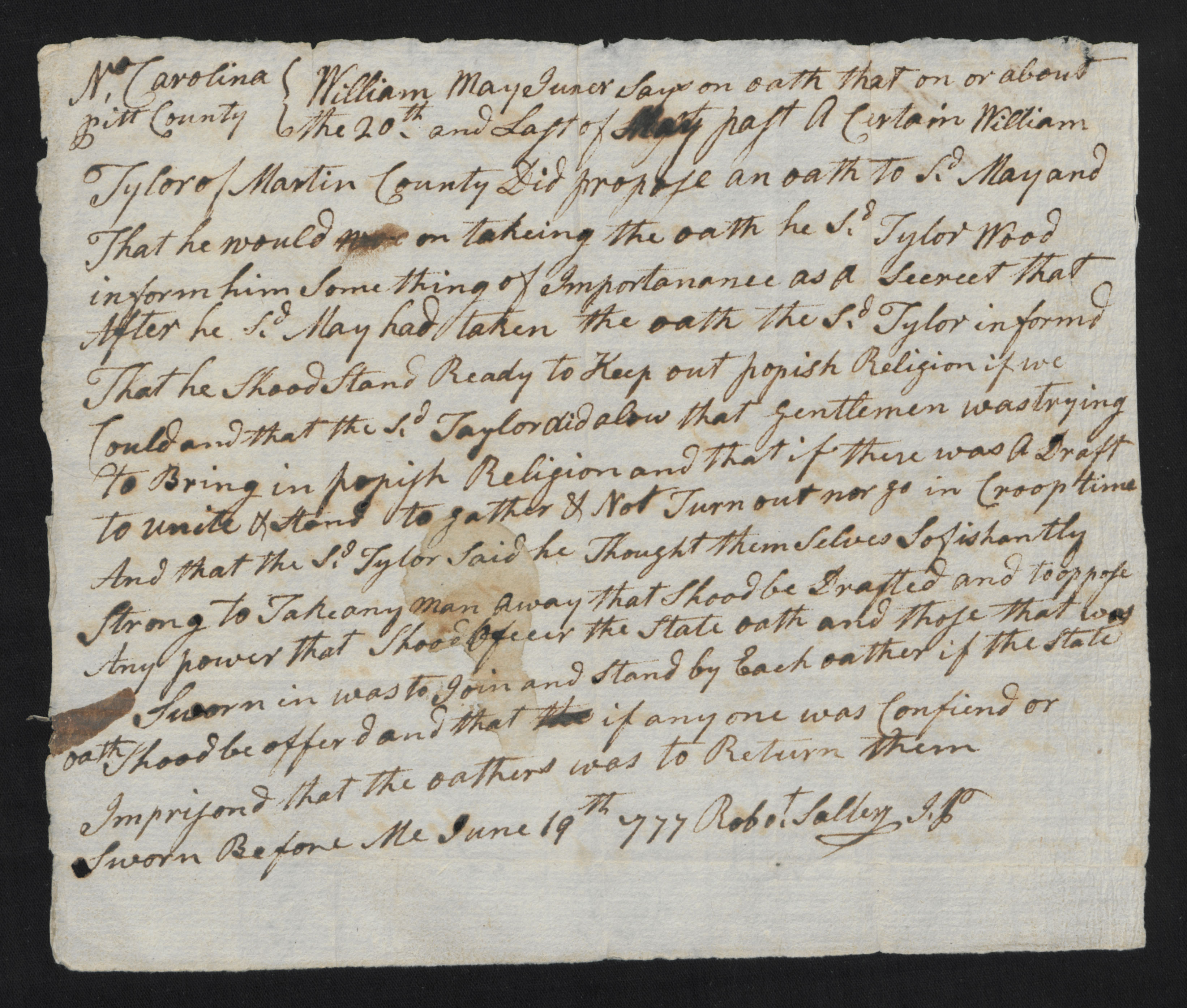 Deposition of William Mayo, 19 June 1777, page 1