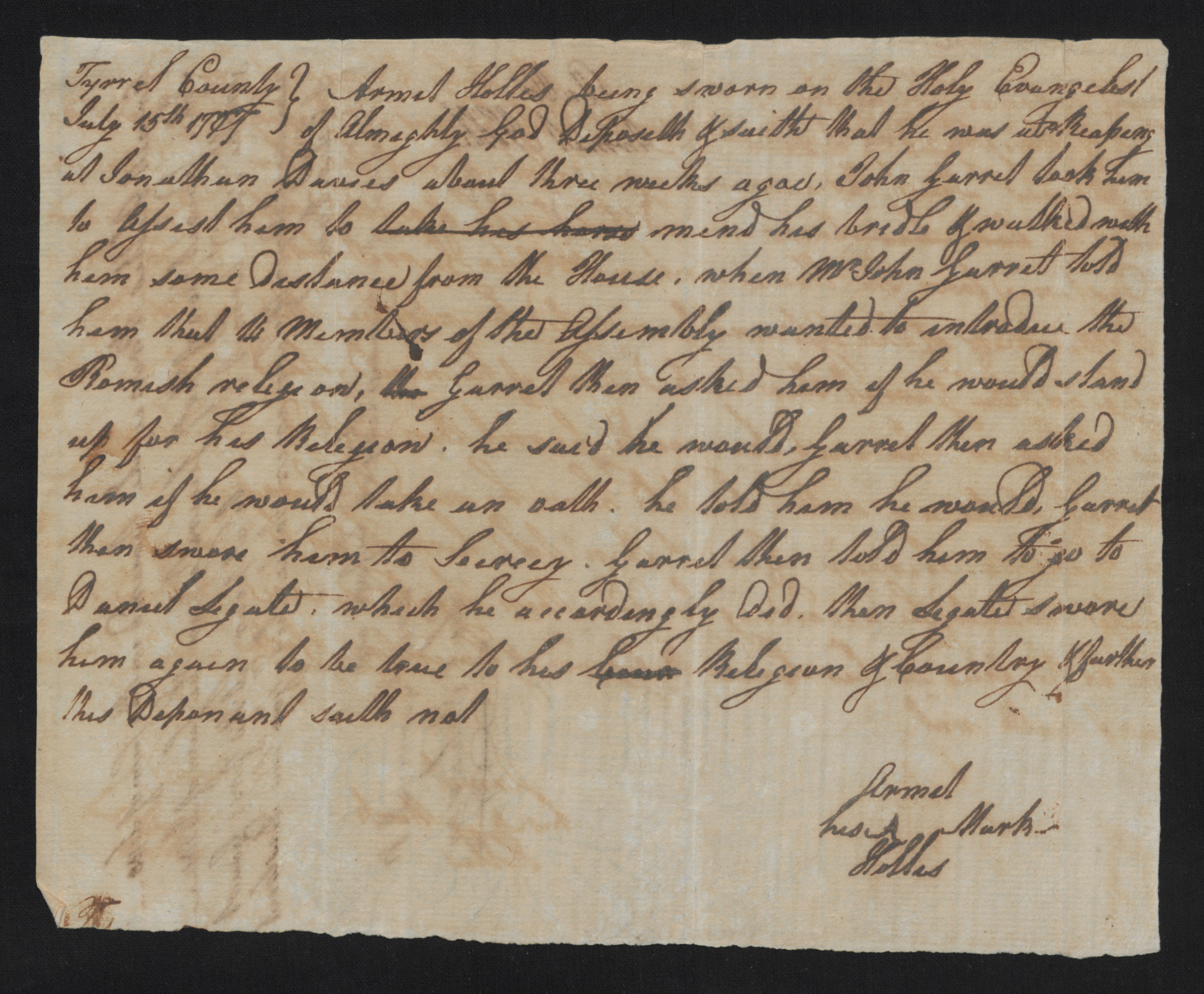 Deposition of Armel Holles, 15 July 1777, page 1