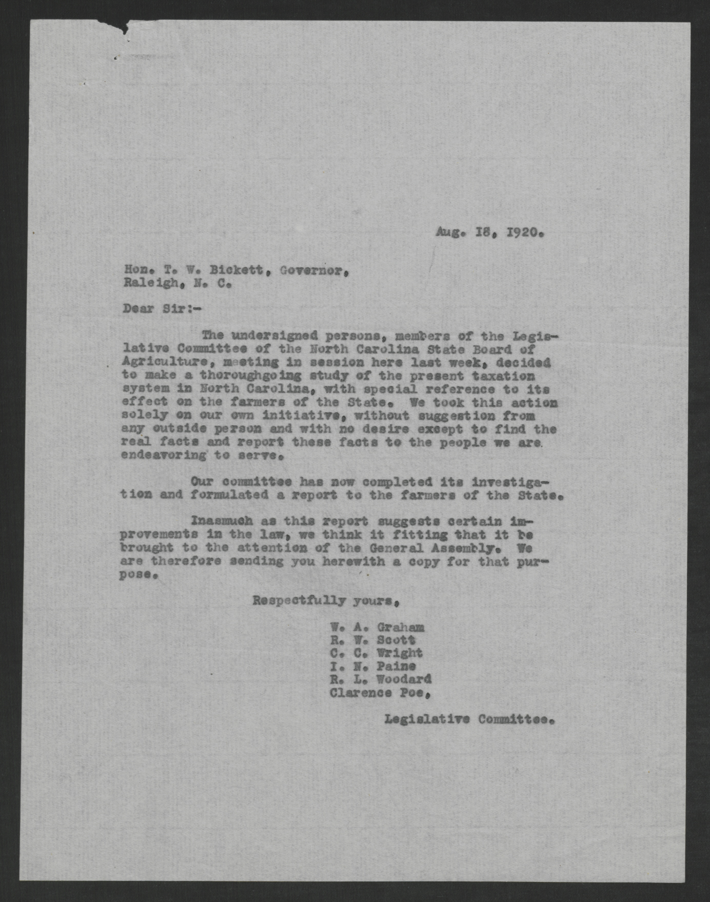 Letter from William A. Graham and others to Thomas W. Bickett, August 18, 1920